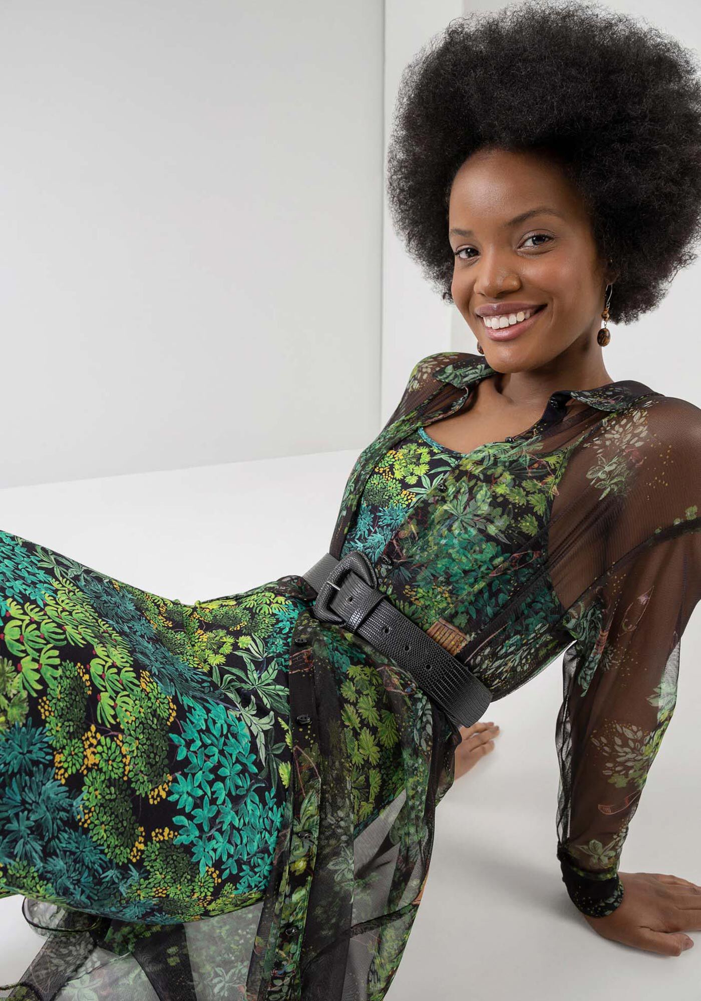 Vestido Chemise Midi em Tule Estampado com Forro Lez a Lez
