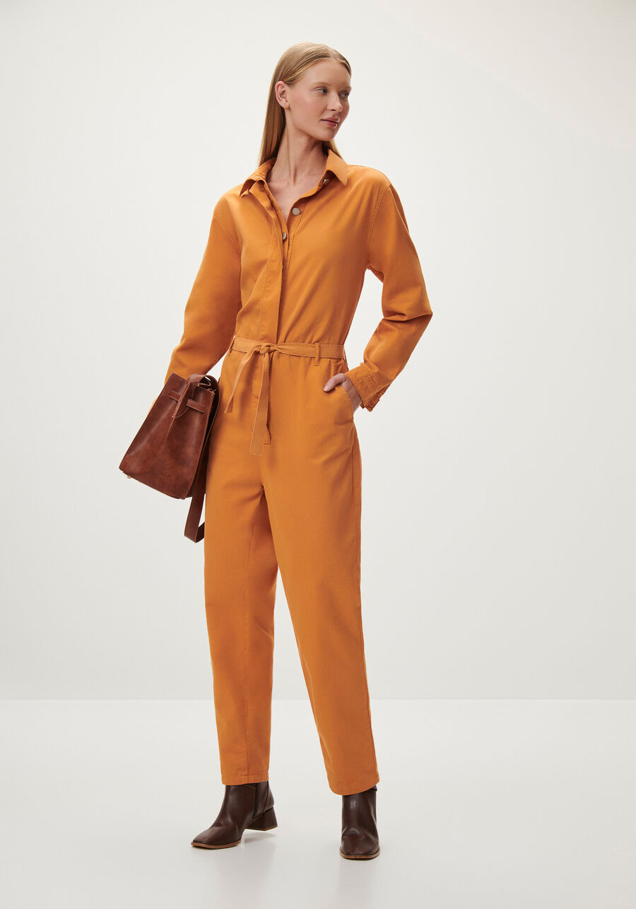 Macacão Longo Sarja Utilitário com Cinto, LARANJA RUST. Macacão Longo Sarja Utilitário com Cinto, LARANJA RUST, large.