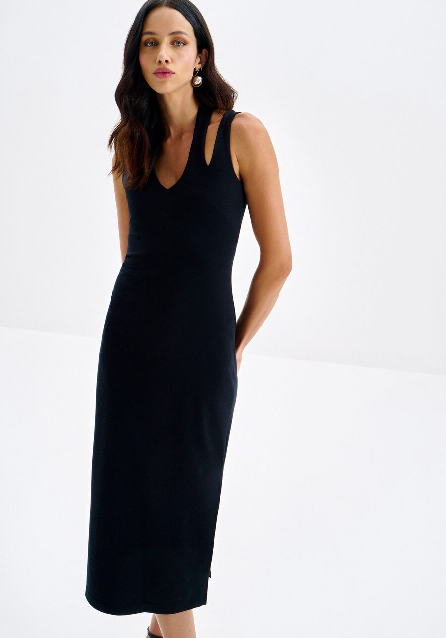 Vestido Midi em Malha com Recorte Alças, . Vestido Midi em Malha com Recorte Alças, , large.