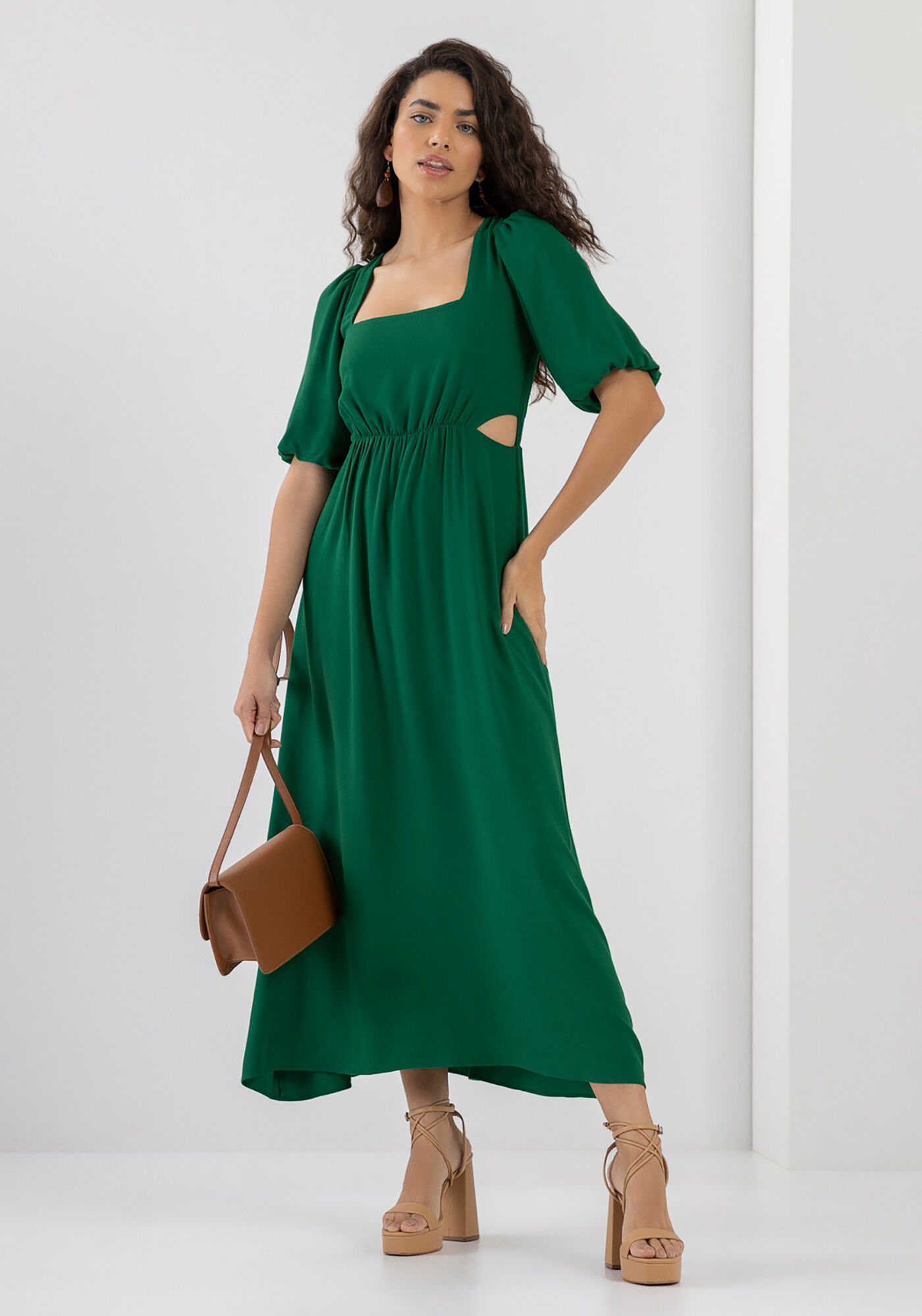 Vestido Midi em Crepe com Manga Balon&ecirc;, , large.