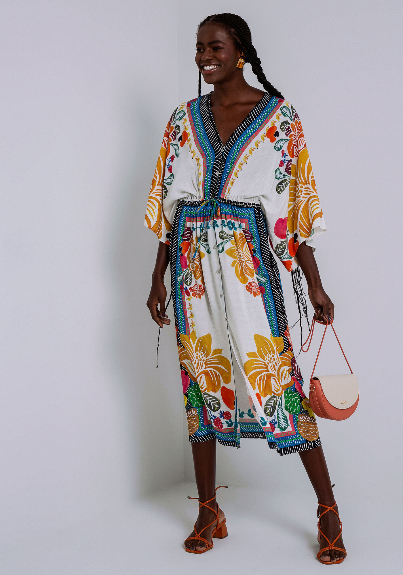 Vestido Mangas 3/4 Midi em Viscose Amplo, GRAVIOLA, large.