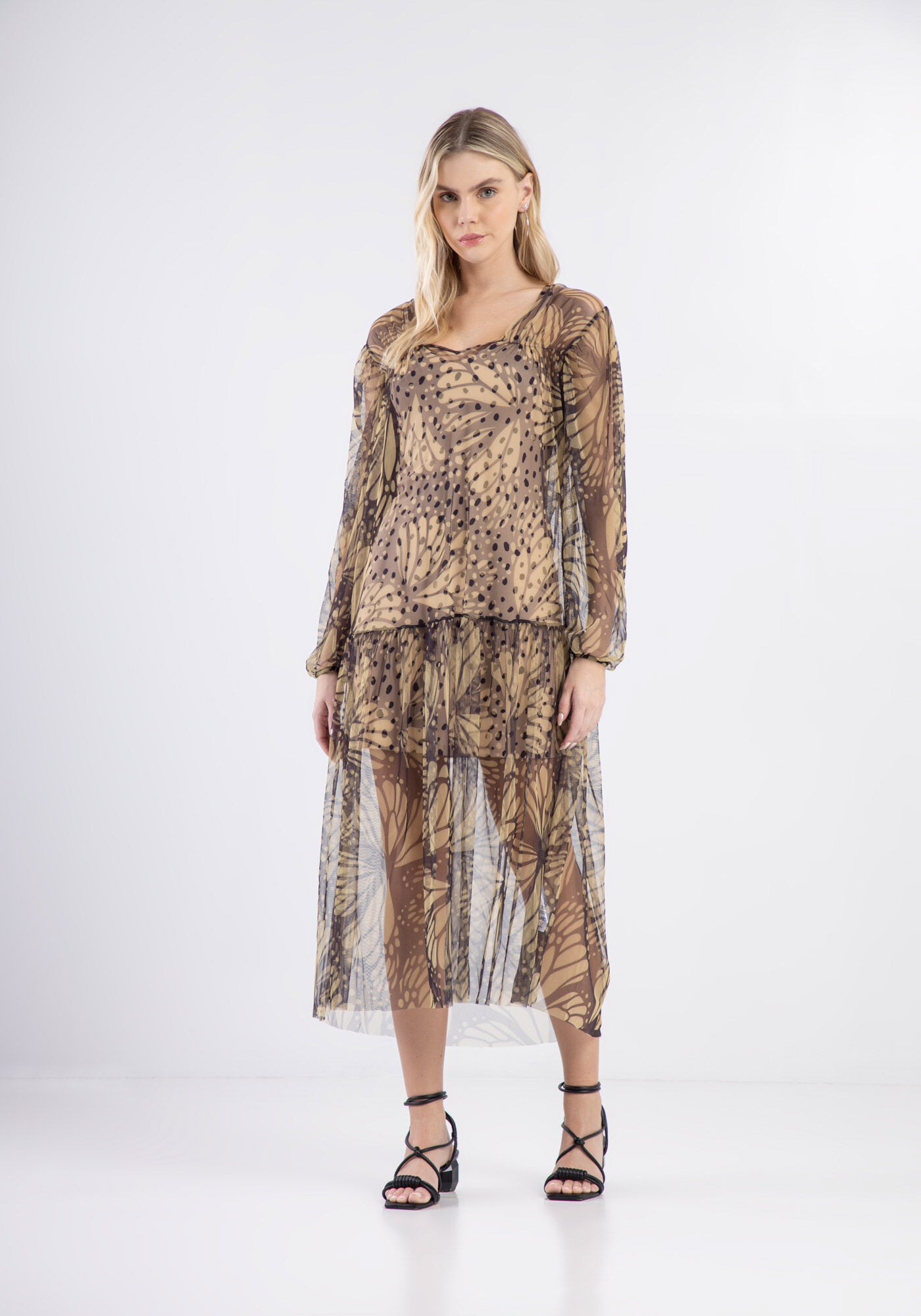 Vestido Midi em Tule com Manga Longa Bufante, , large.