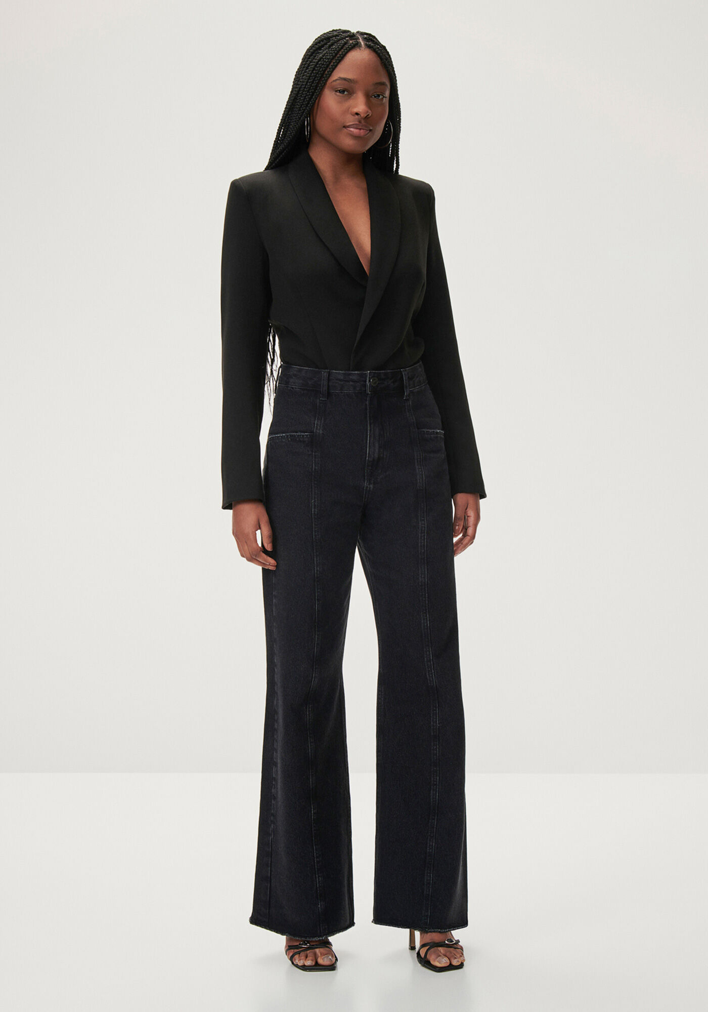 Cal&ccedil;a Jeans Wide Leg Preta com Pespontos, , large.