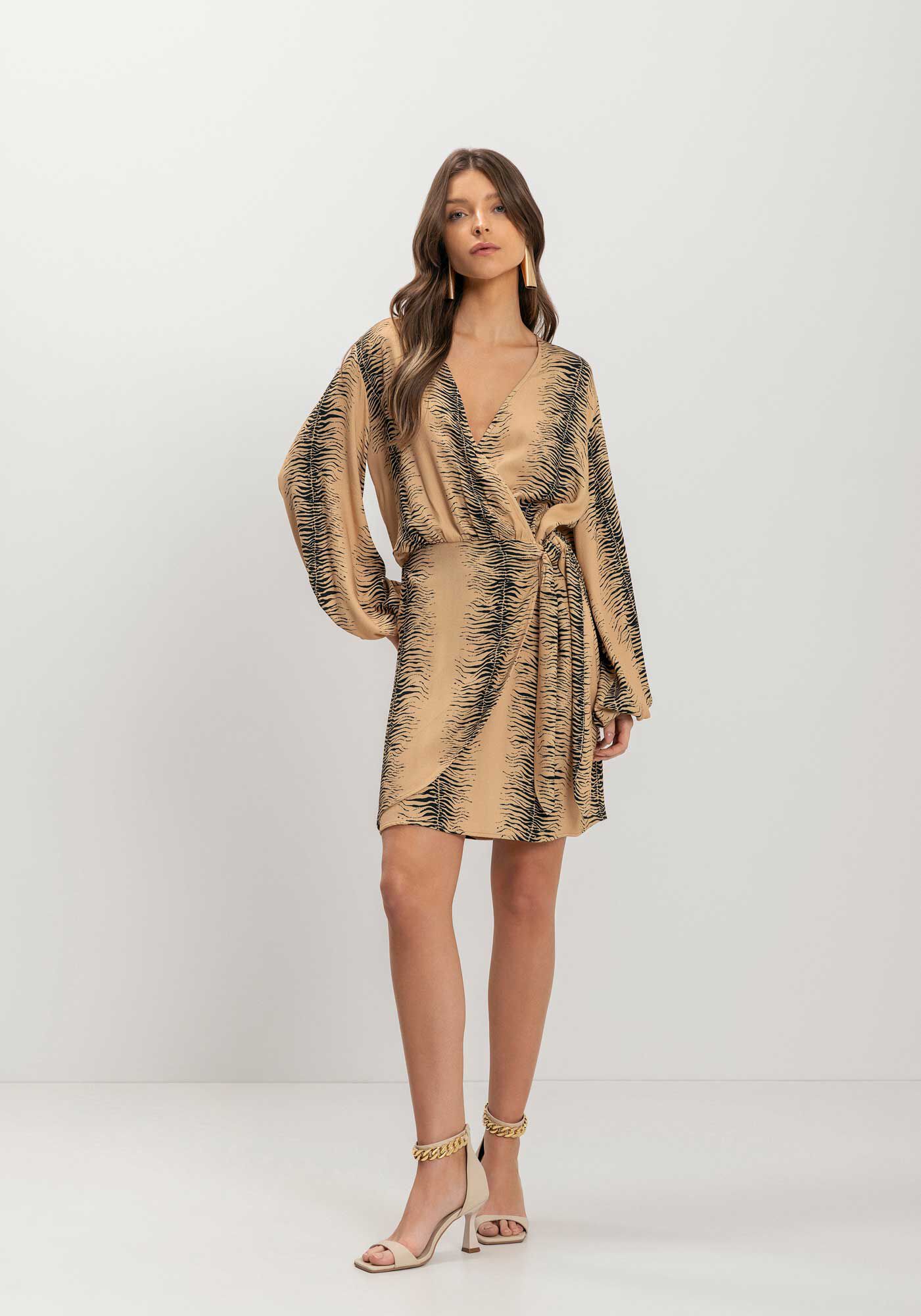 Vestido Estampado Transpassado Com Mangas Longas E Amarra&ccedil;&atilde;o, ZEBRA STRIPES VERDE, large.