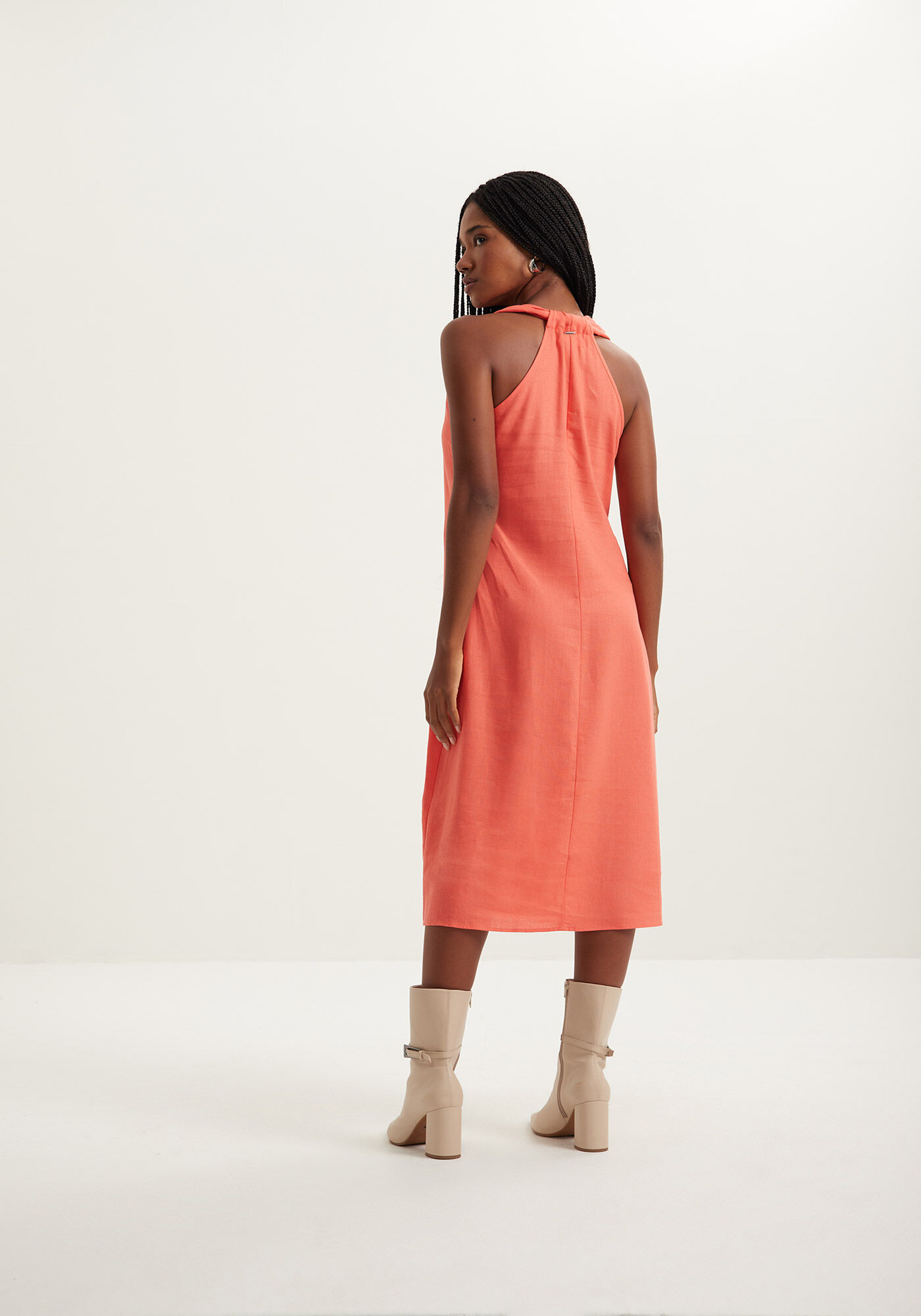 Vestido Midi Com Decote V Em Linho E Viscose, , large.