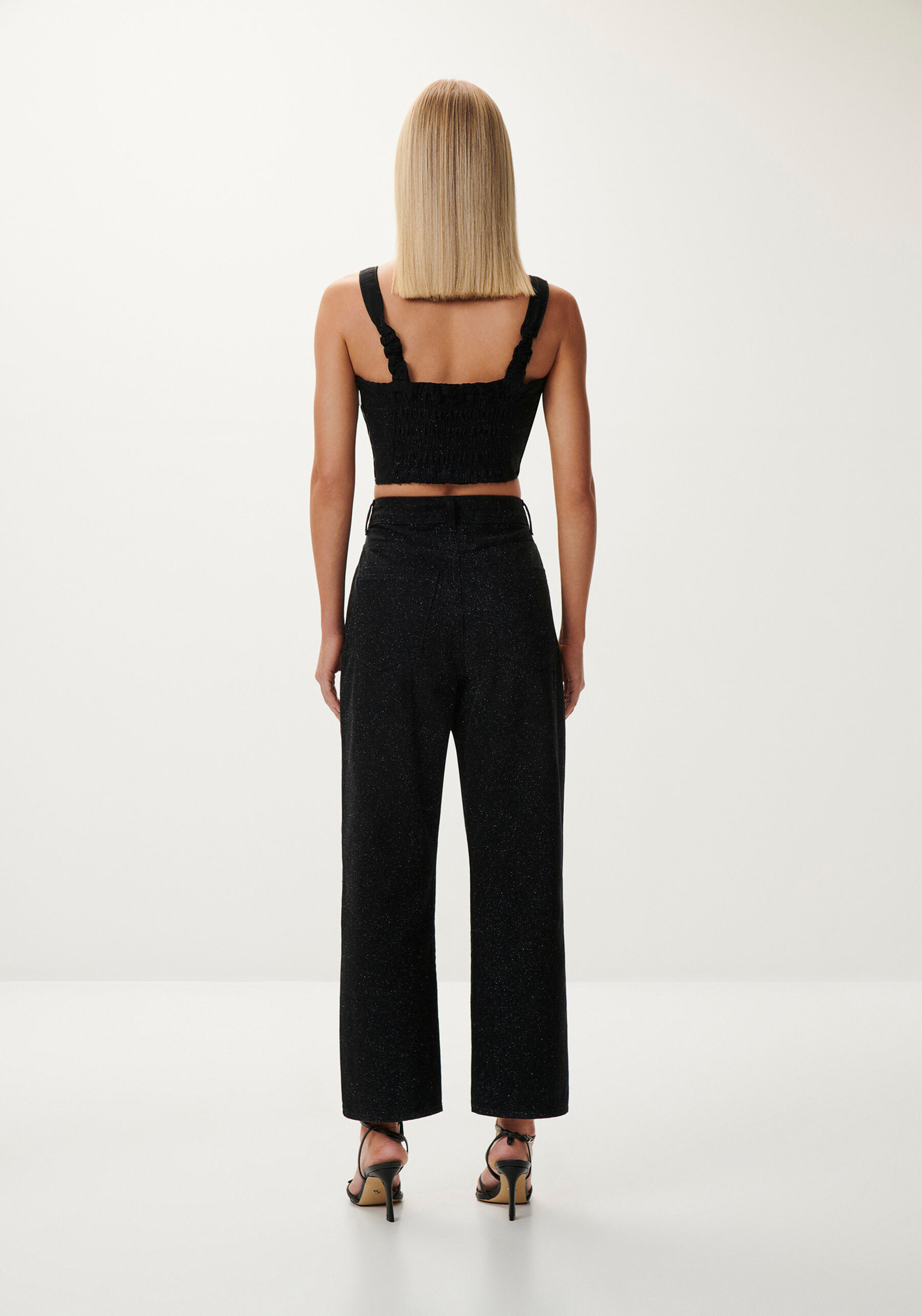 Blusa Jeans Cropped Preta com Glitter, PRETO REATIVO. Blusa Jeans Cropped Preta com Glitter, PRETO REATIVO, large.