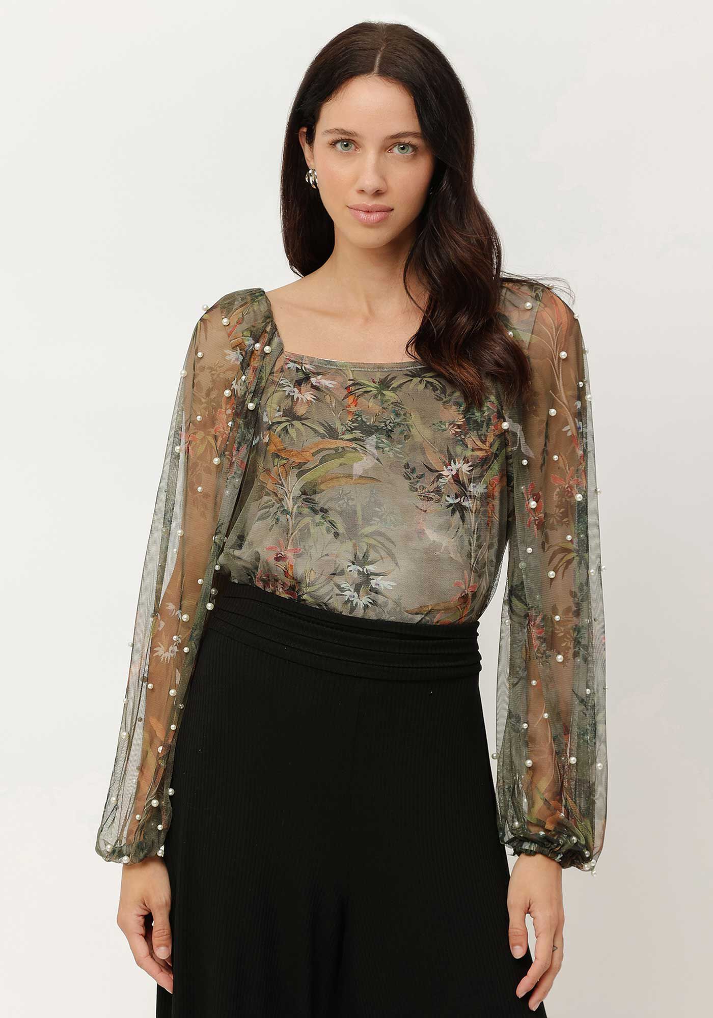 Blusa Estampada com em Tule com P&eacute;rolas, , large.