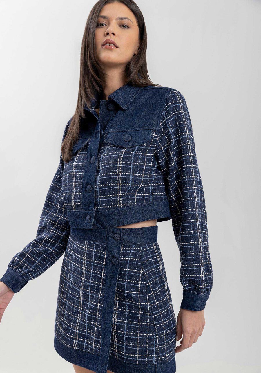 Saia Curta Jeans Com Cintura Alta E Padronagem Xadrez, . Saia Curta Jeans Com Cintura Alta E Padronagem Xadrez, , large.