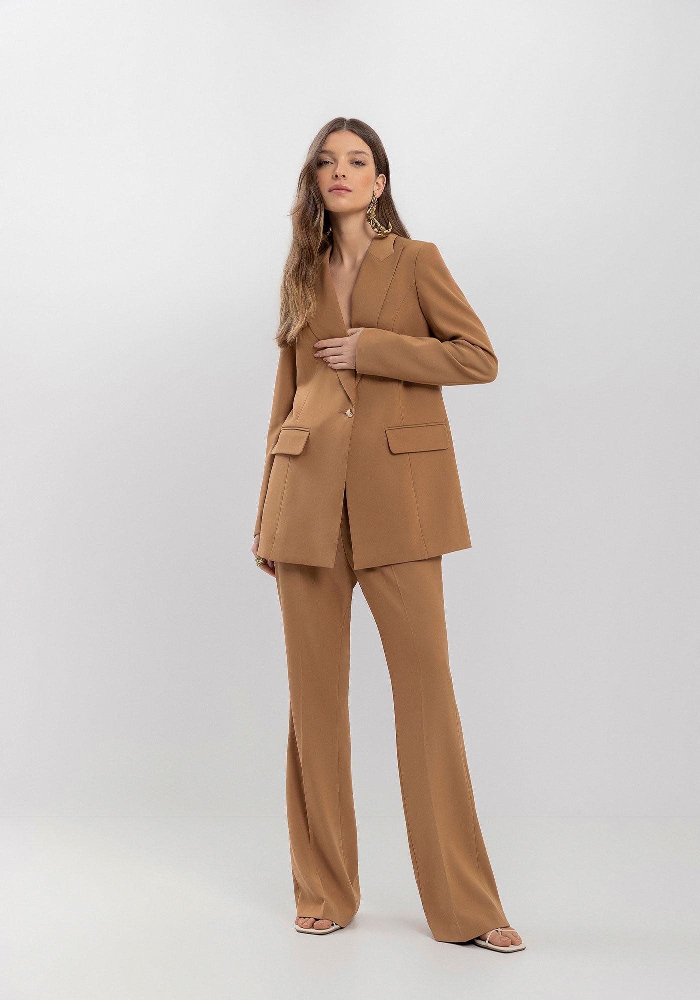 Blazer Alongado Em Alfaiataria Com Lapelas Frontais, MARROM ESPERADO, large.