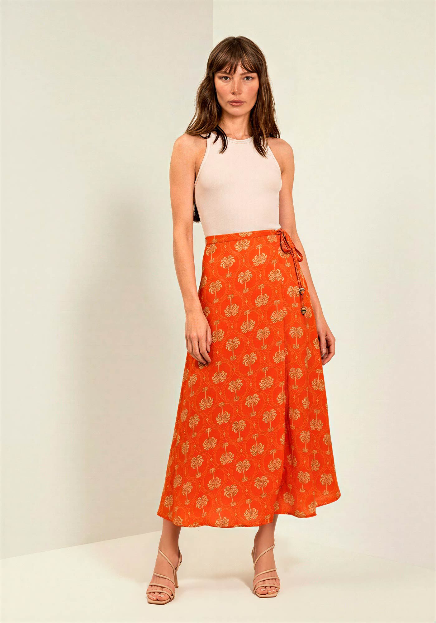 Saia Estampada Ch&aacute; De Cintura Alta Com Amarra&ccedil;&atilde;o, MAXI PALM LARANJA, large.