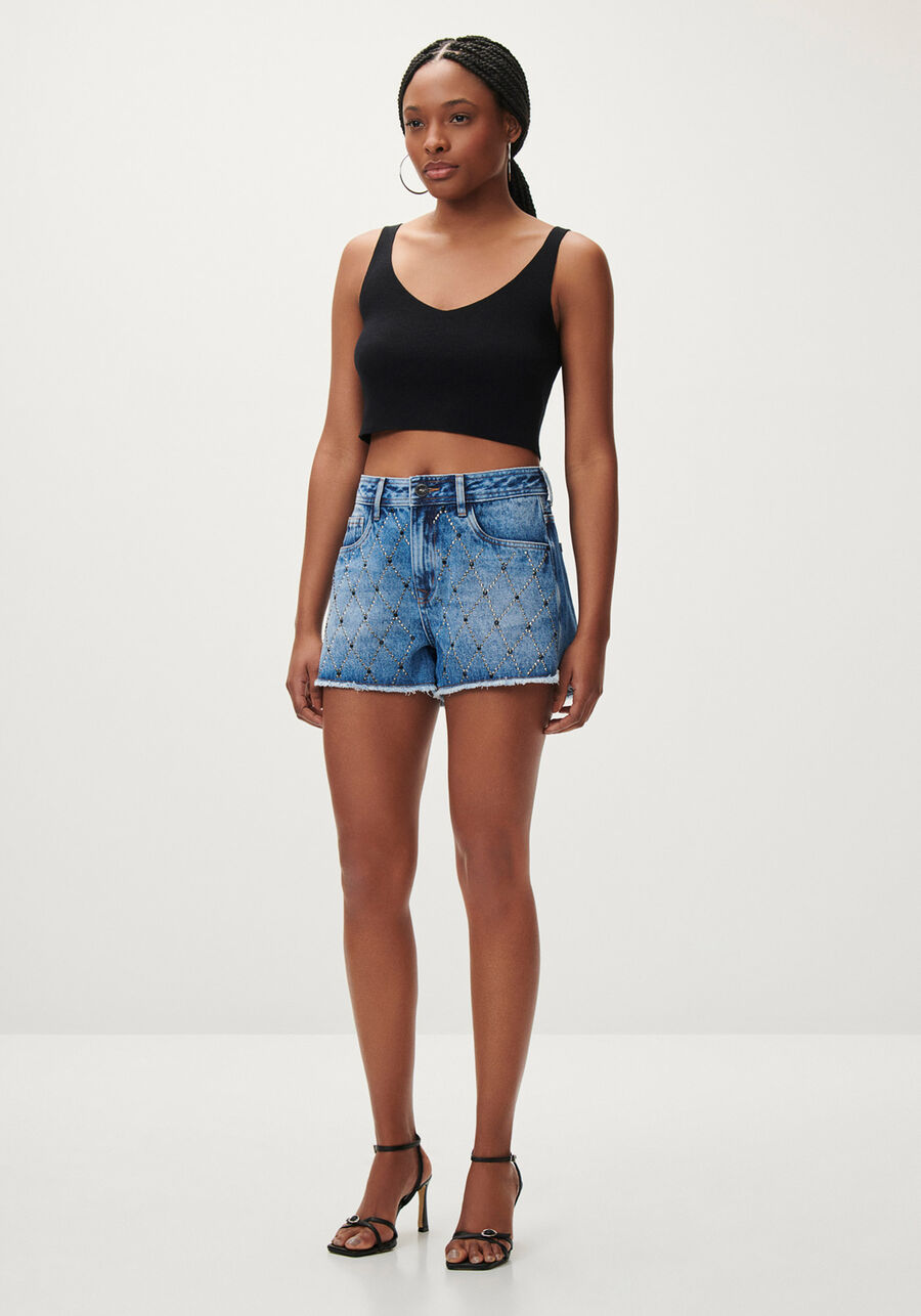 Shorts Jeans Linha A com Strass, JEANS. Shorts Jeans Linha A com Strass, JEANS, large.