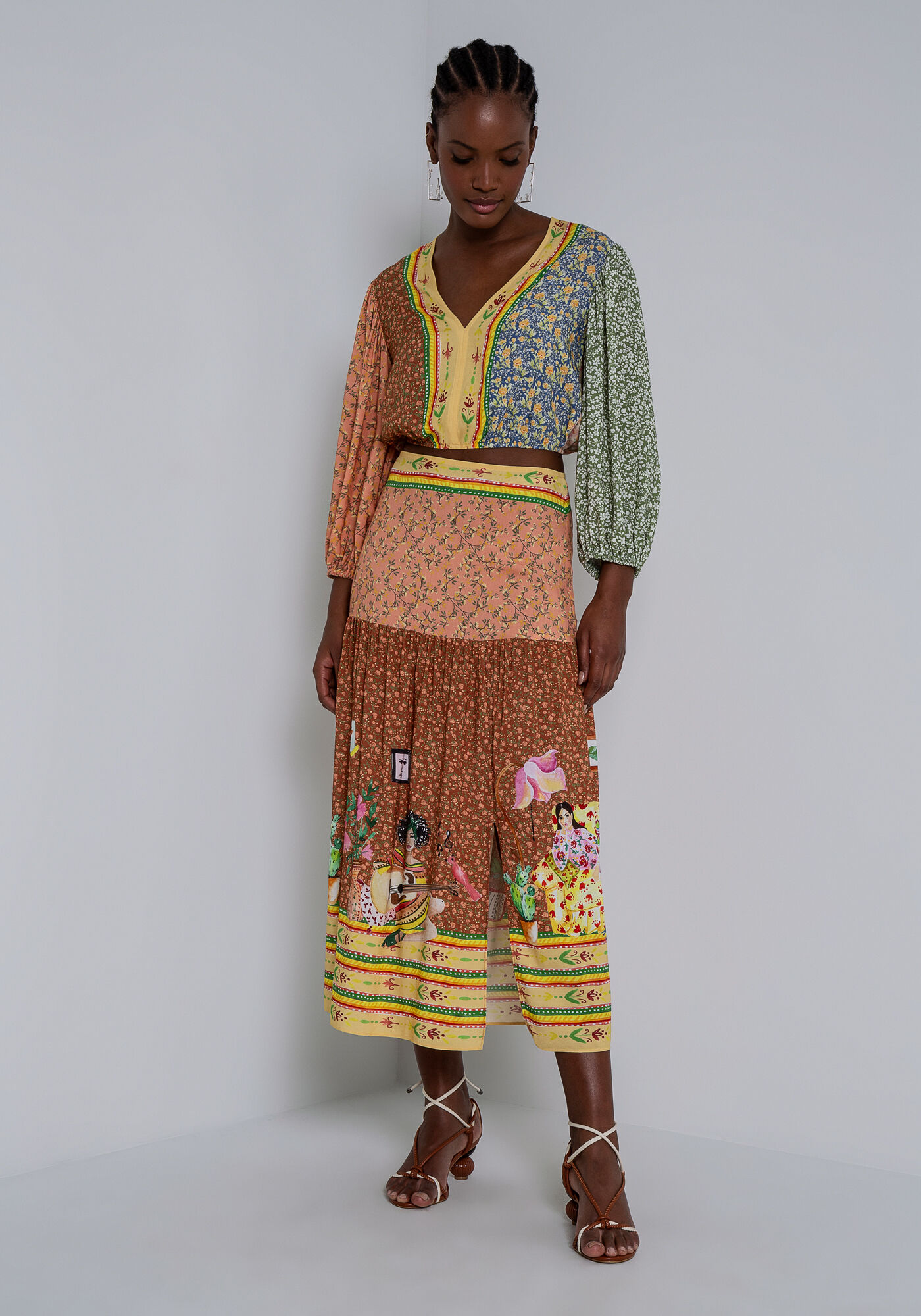 Saia Midi Estampada em Viscose com Fenda, , large.