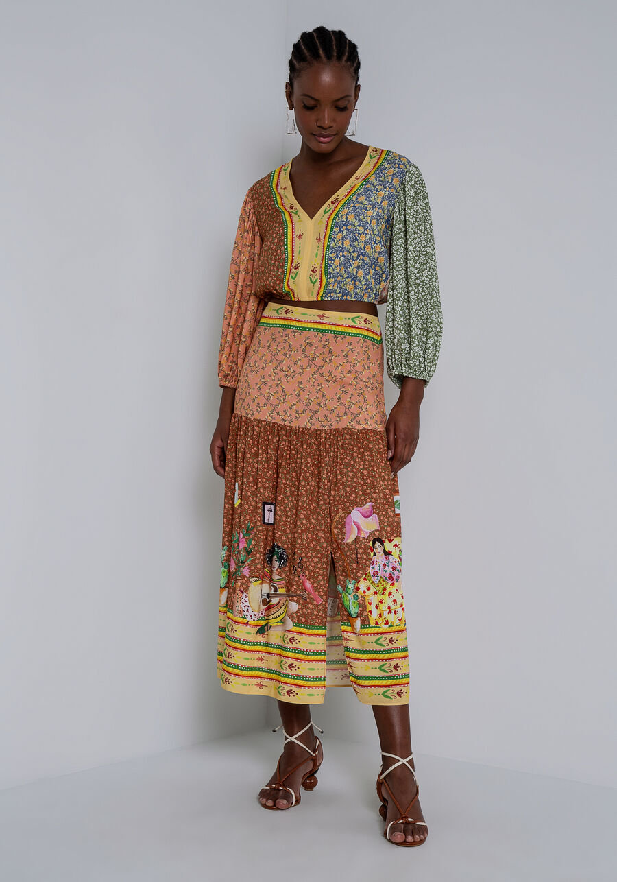 Saia Midi Estampada em Viscose com Fenda, . Saia Midi Estampada em Viscose com Fenda, , large.