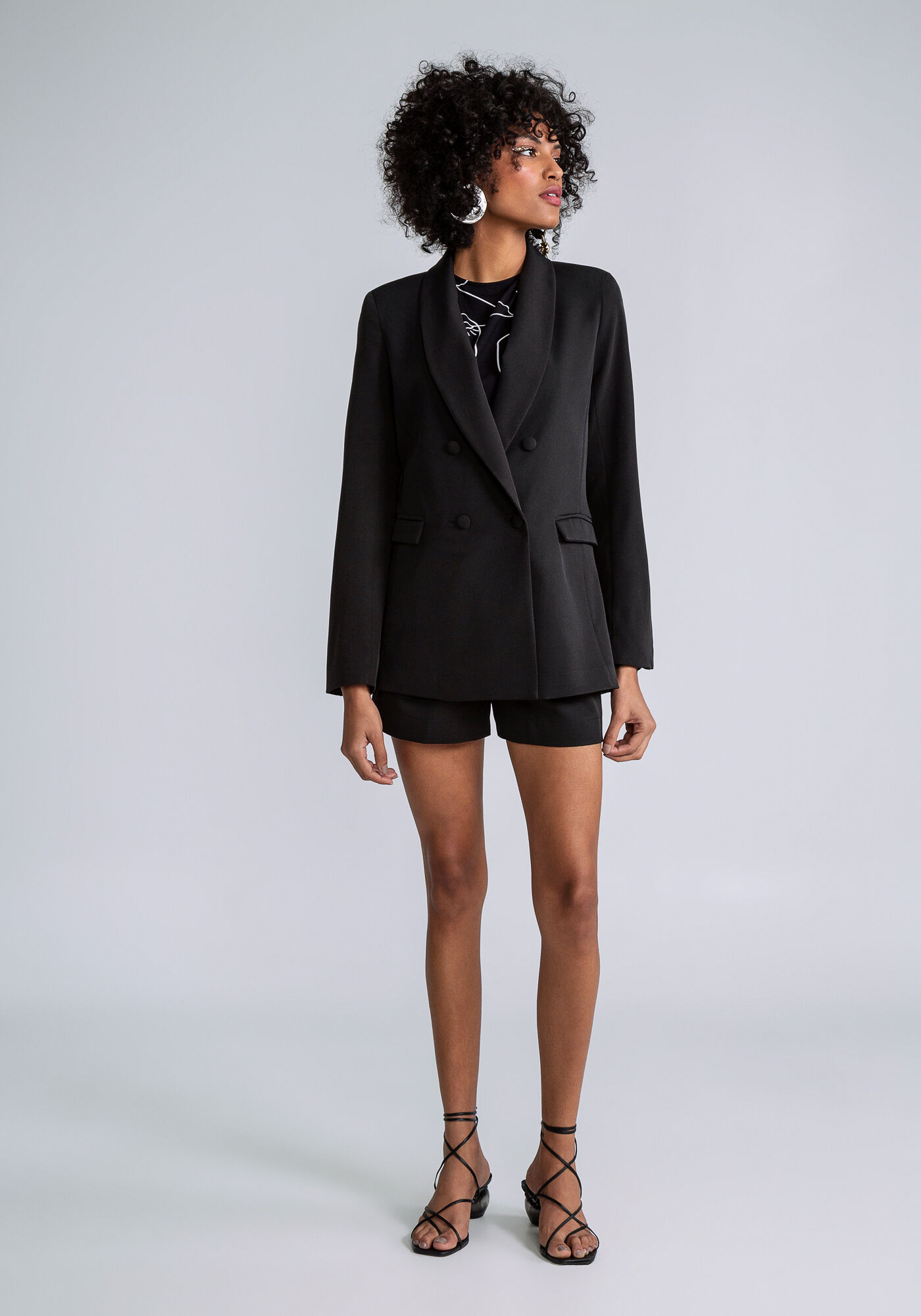 Blazer com Gola Bot&otilde;es, PRETO, large.