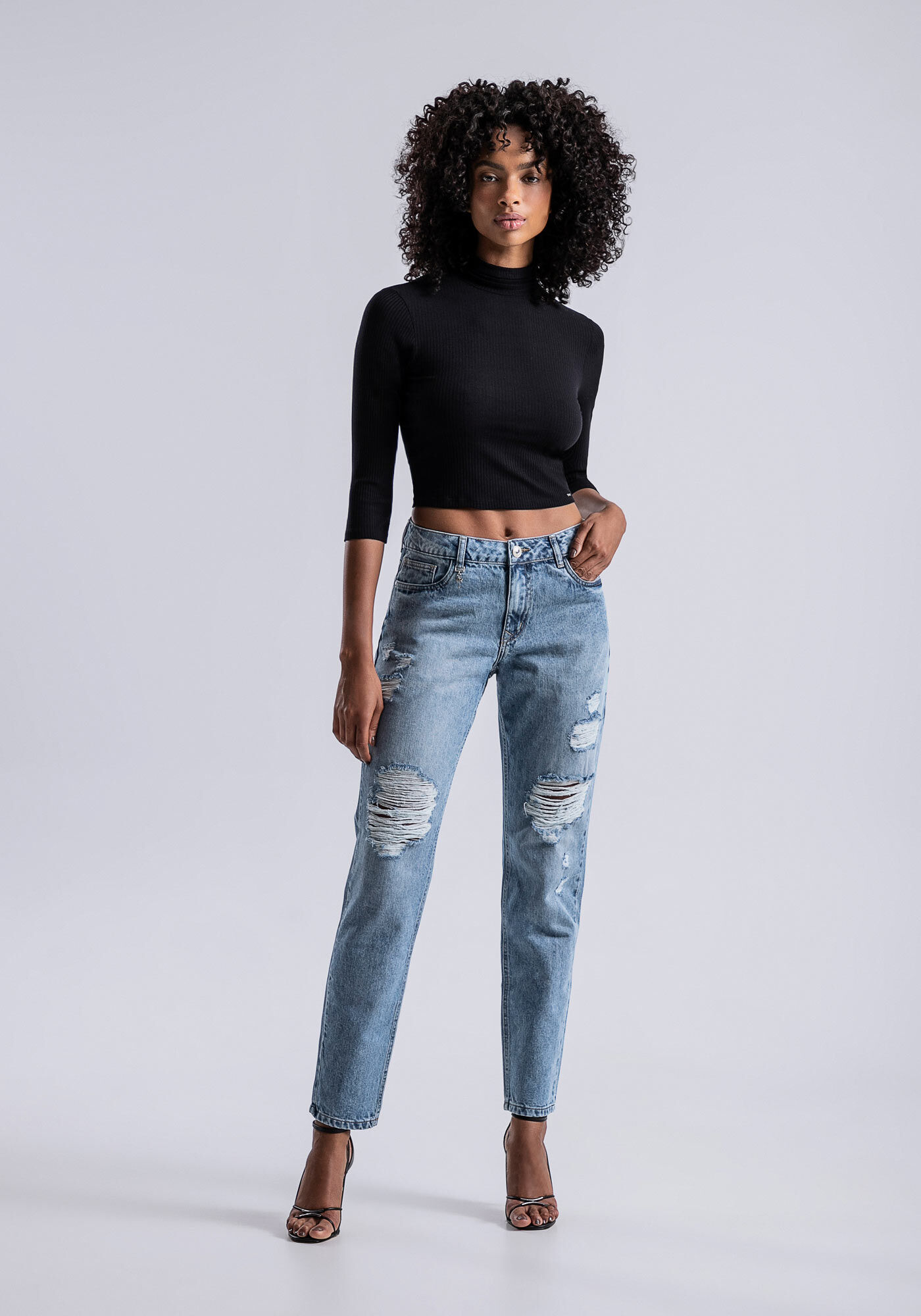 Blusa Manga 3/4 Canelada com Gola Alta, PRETO REATIVO, large.