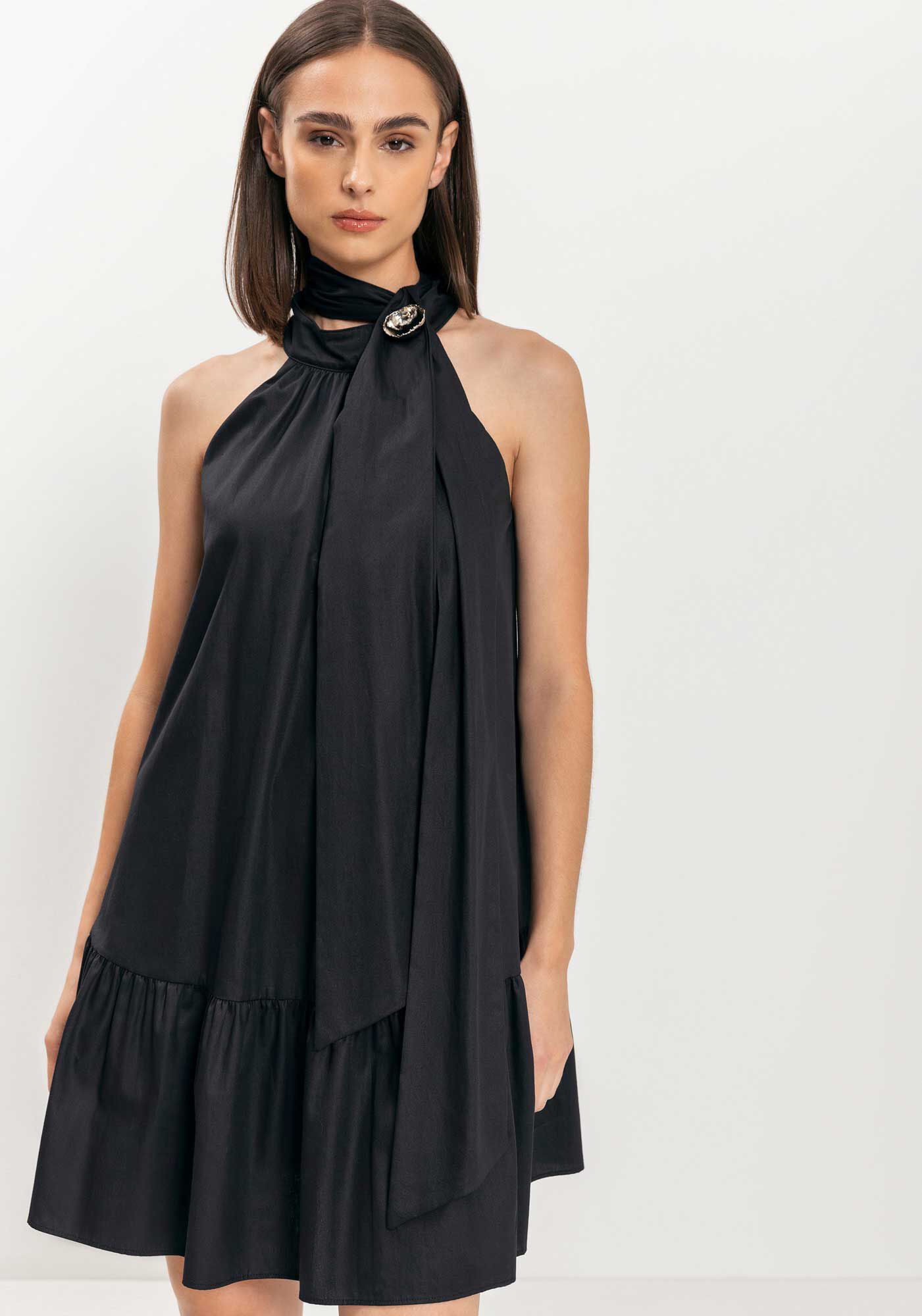 Vestido Curto Com Gola Alta E Amarra&ccedil;&atilde;o Em Tafet&aacute;, , large.