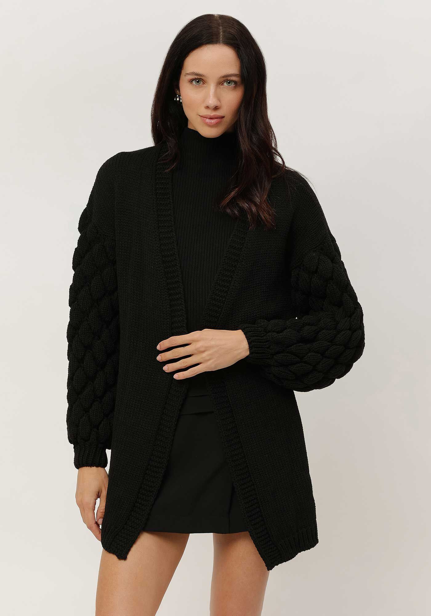 Cardigan Alongado em Tric&ocirc; com Textura Mangas, , large.