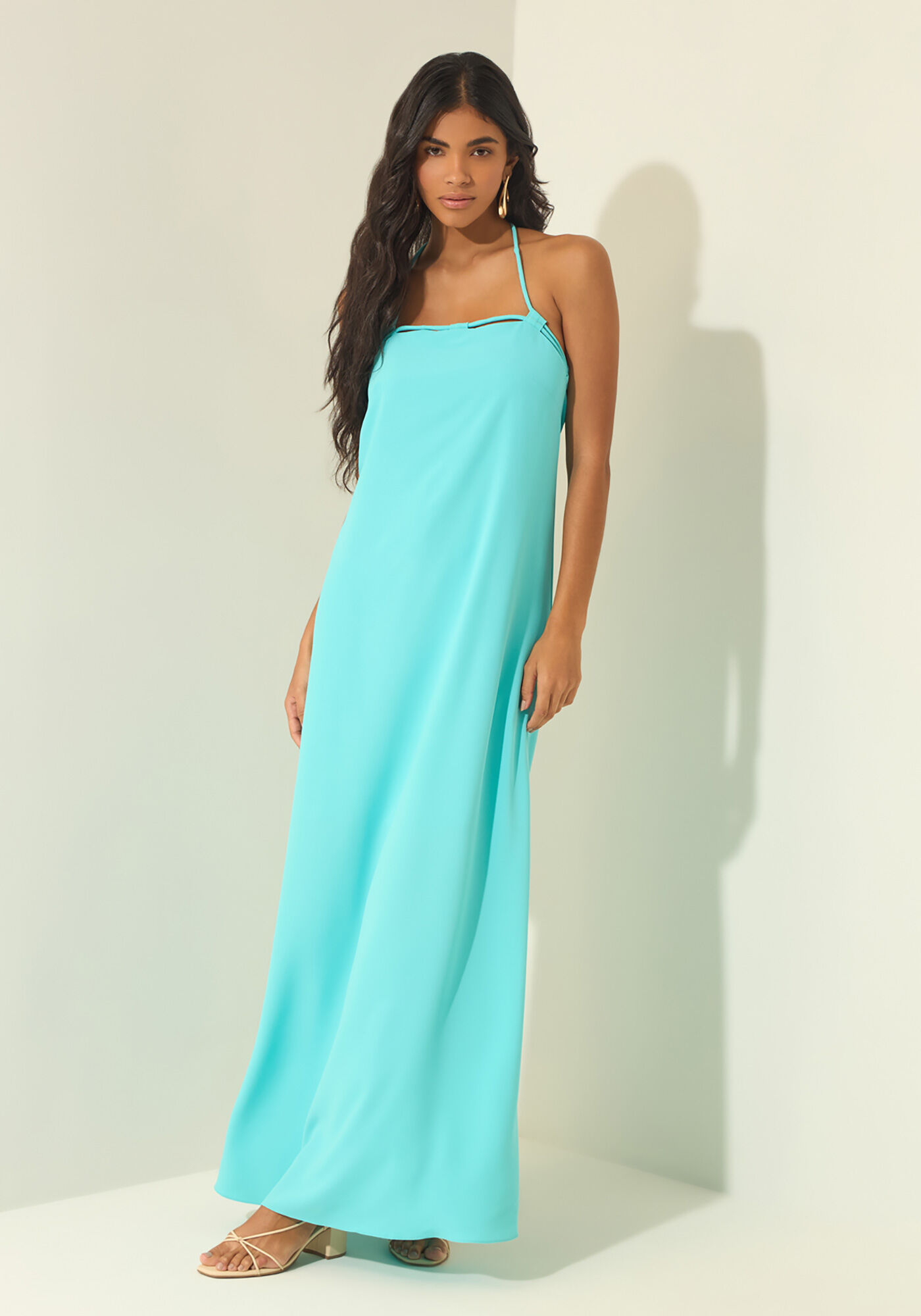 Vestido Longo Frente &Uacute;nica Com Decote Reto, AZUL NEVADA, large.