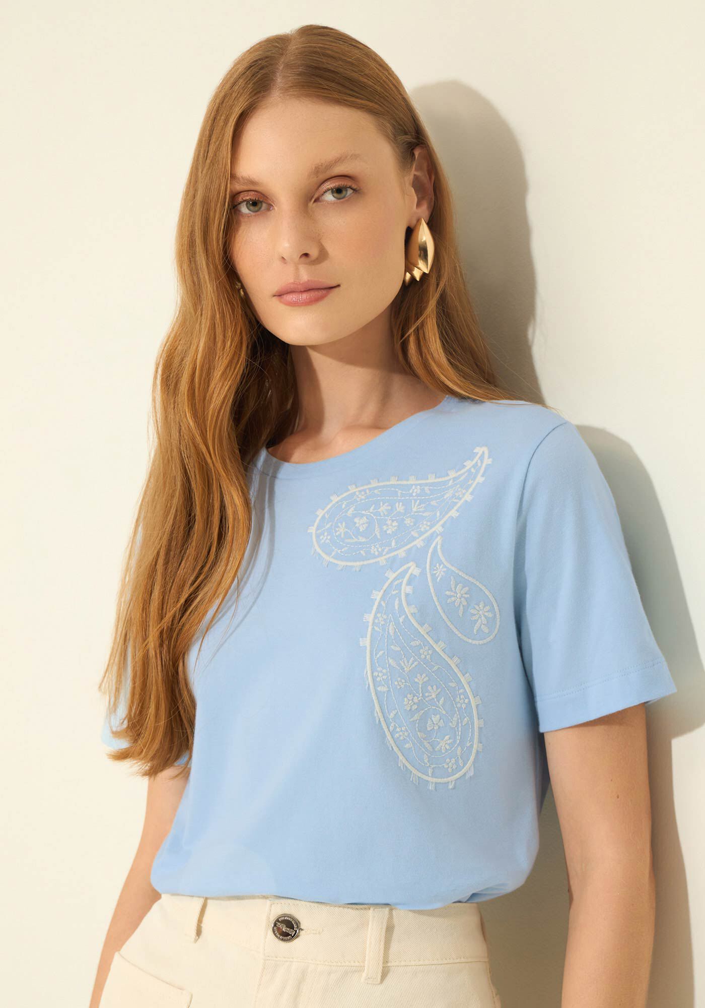 T- shirt Em Malha De Algod&atilde;o Penteado Com Bordado, AZUL PUPPY, large.