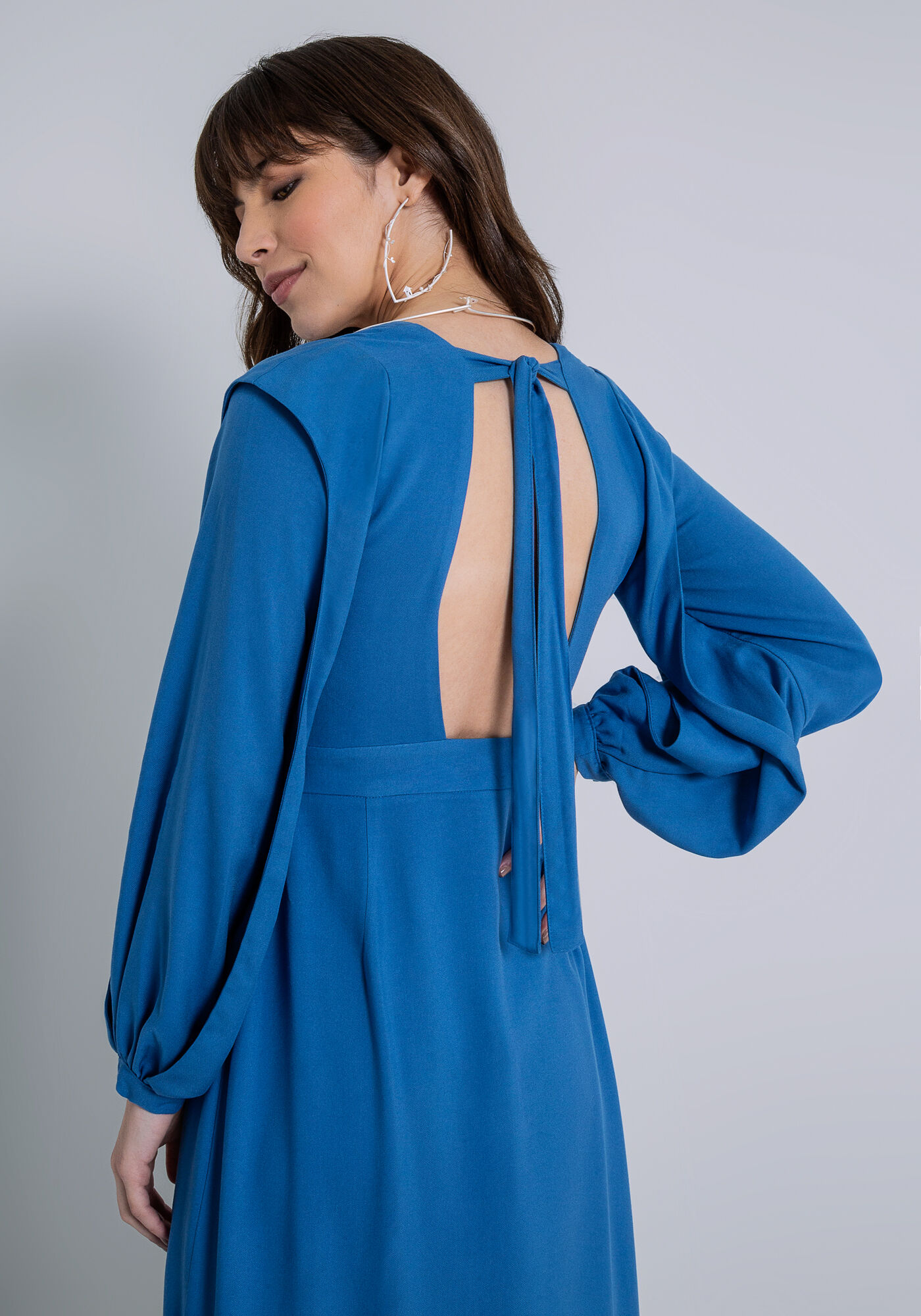 Vestido Manga Longa Midi com Recorte Ombros, AZUL TINKER, large.