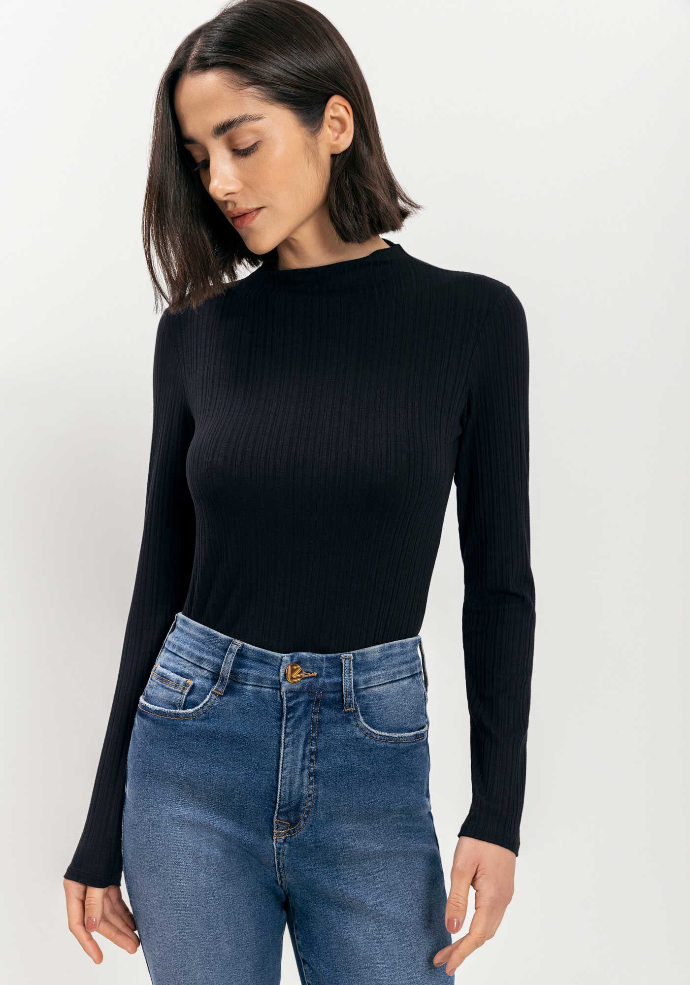 Blusa B&aacute;sica De Manga Longa Em Malha Canelada, PRETO, large.