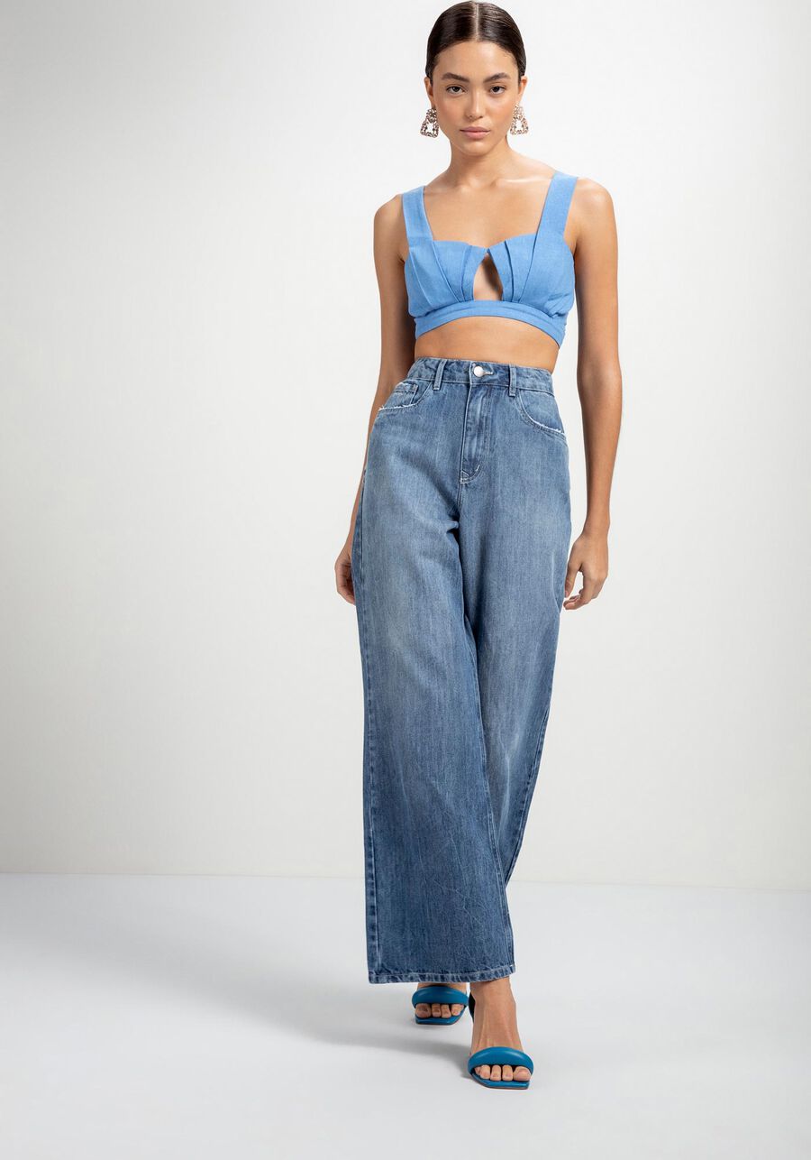 Calça Jeans Wide Leg Super Alta com Bordado, JEANS. Calça Jeans Wide Leg Super Alta com Bordado, JEANS, large.