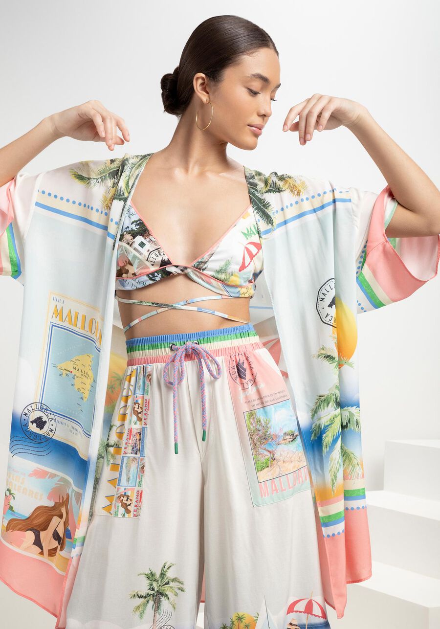 Kimono Amplo em Viscose com Estampa Postais, POSTAIS, large.