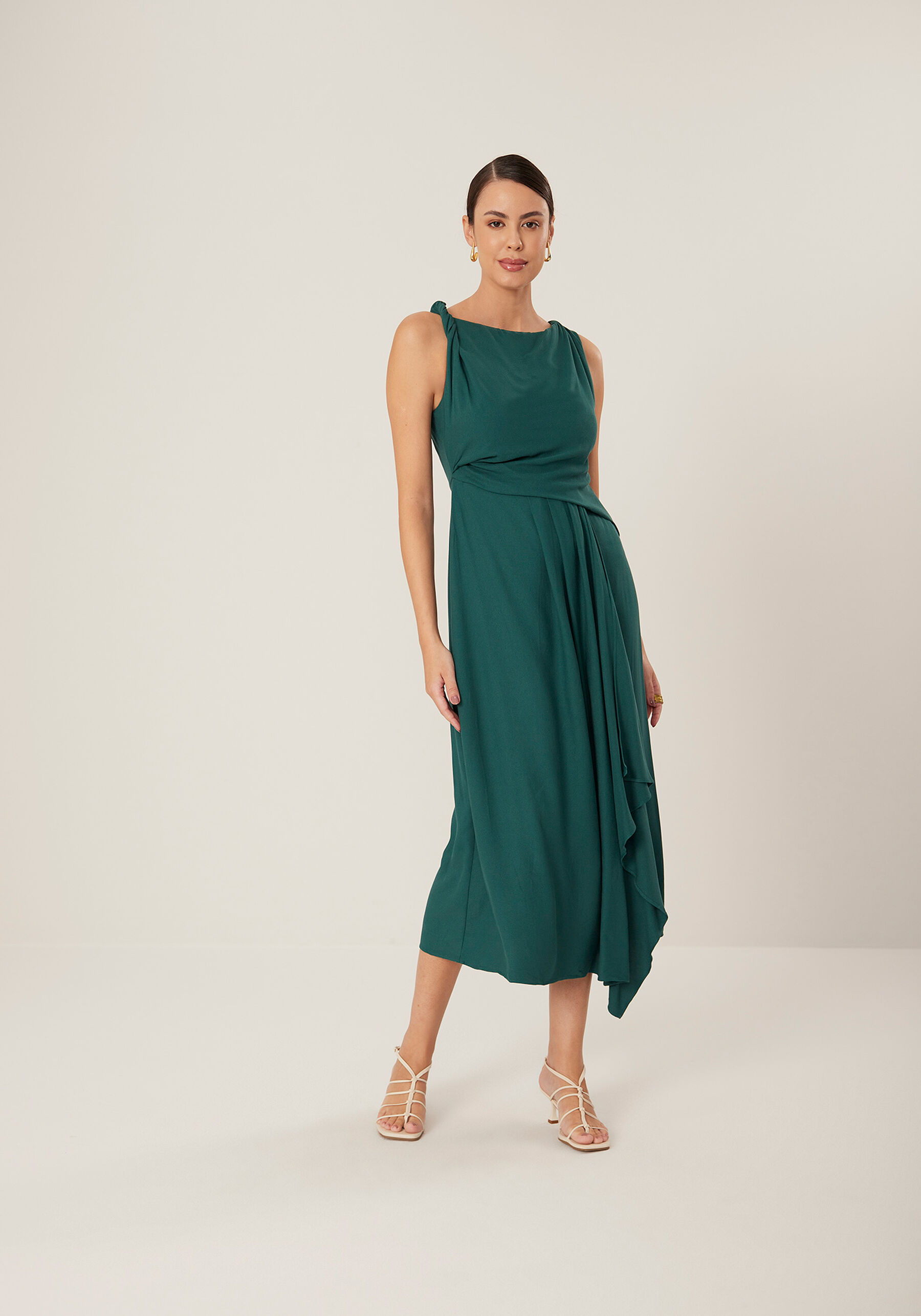 Vestido Midi Em Crepe De Alfaiataria Com Alças Torcidas, VERDE CERES. Vestido Midi Em Crepe De Alfaiataria Com Alças Torcidas, VERDE CERES, large.