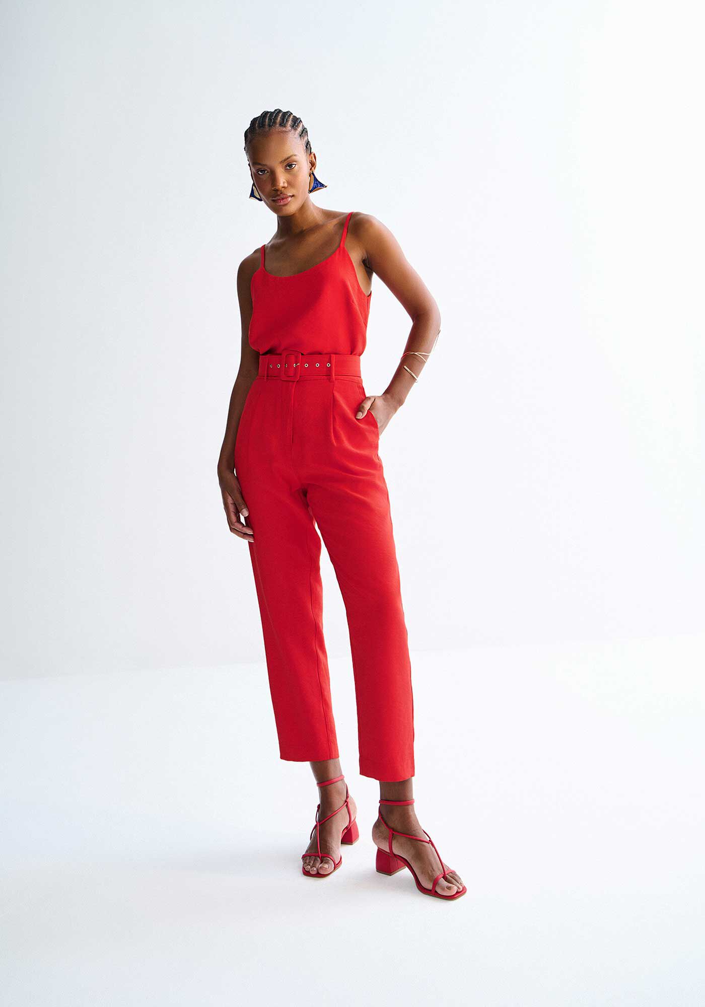 Cal&ccedil;a Reta Alfaiataria Cintura Alta com Cinto, VERMELHO REDDISH, large.