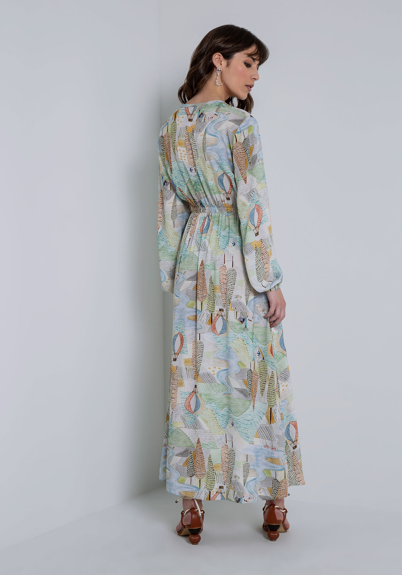 Vestido Midi Manga Longa em Viscose Estampado, FLUTUAR, large.