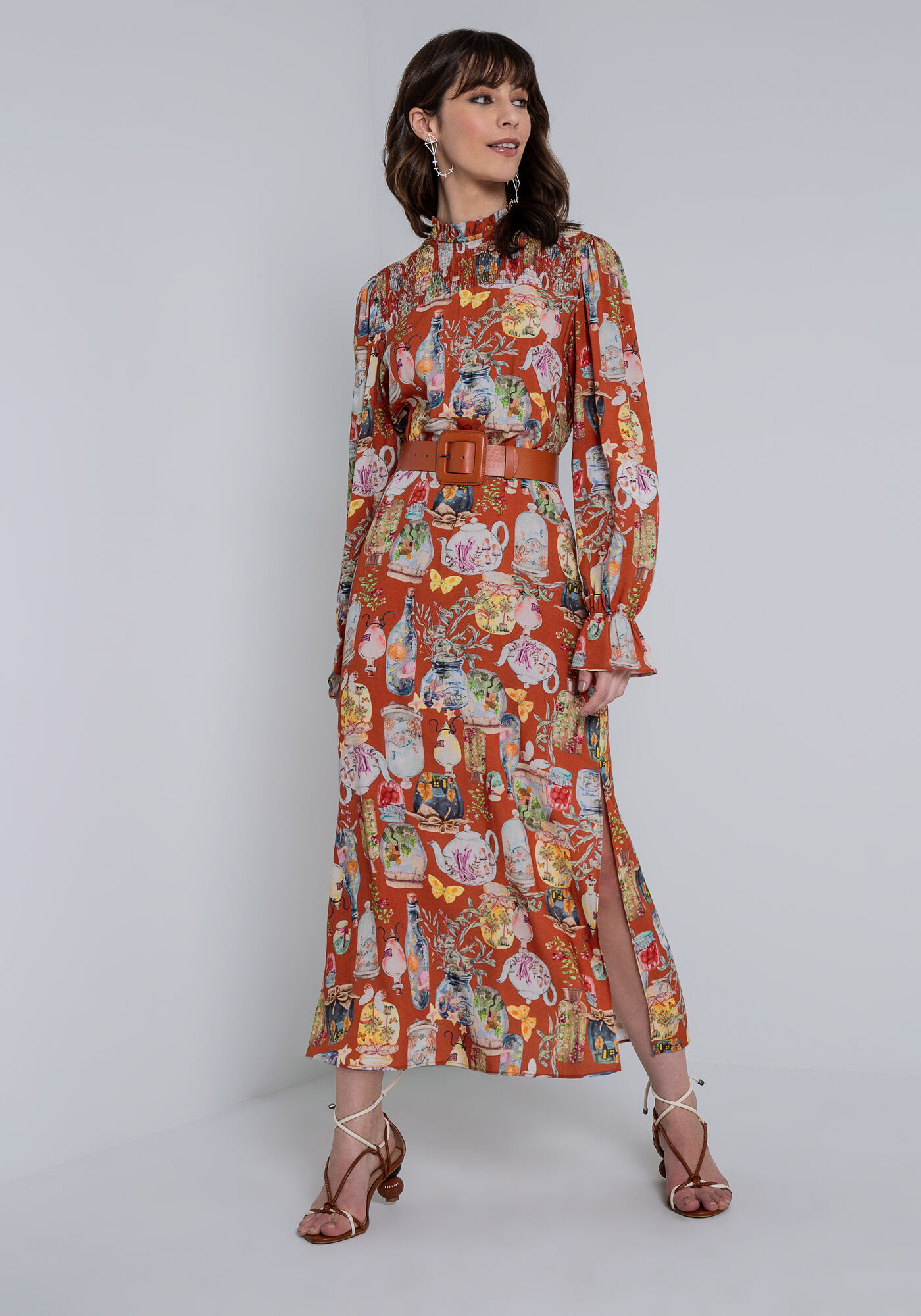 Vestido Midi Estampado com Lastex Cinto, , large.