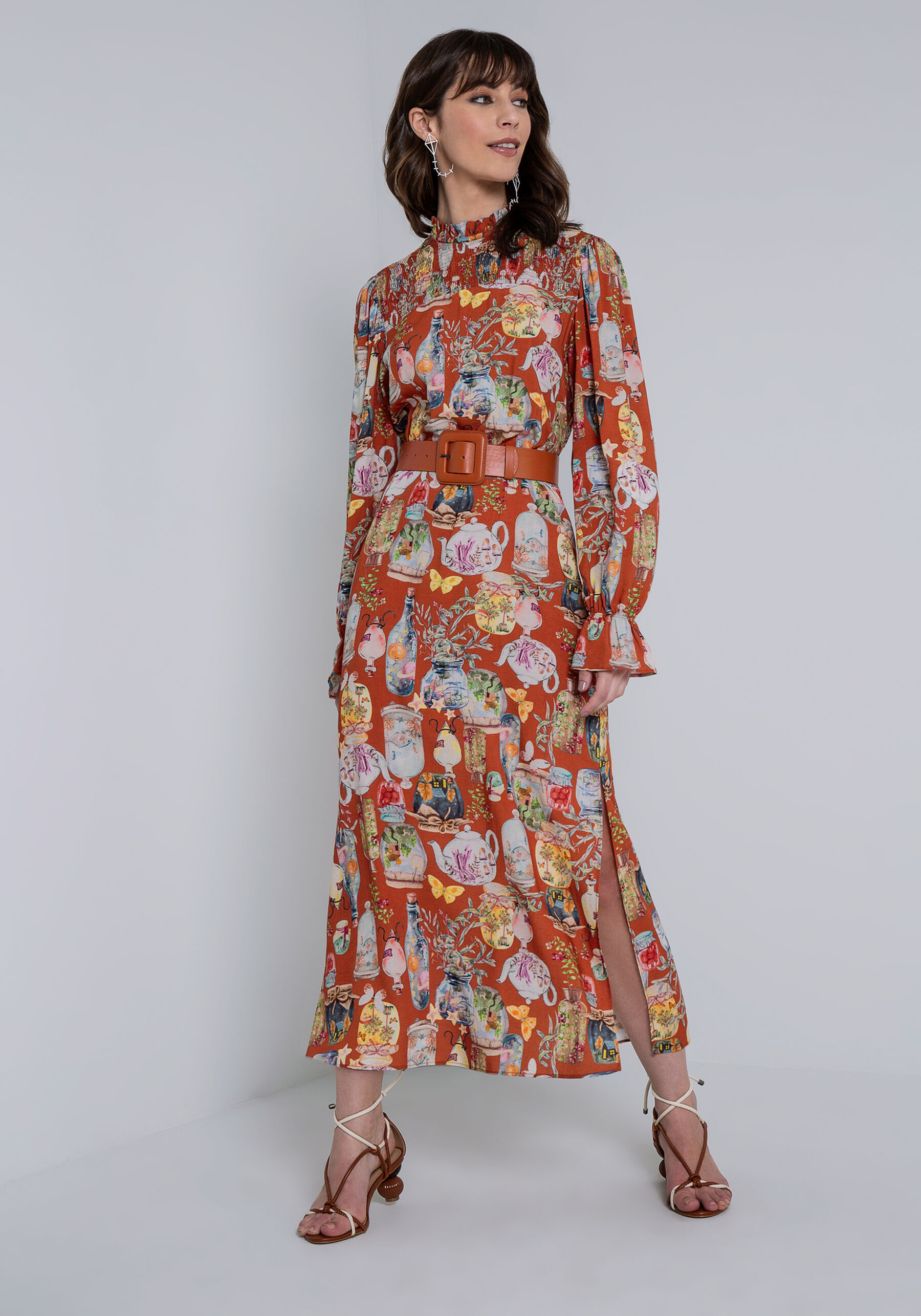 Vestido Midi Estampado com Lastex Cinto, . Vestido Midi Estampado com Lastex Cinto, , large.