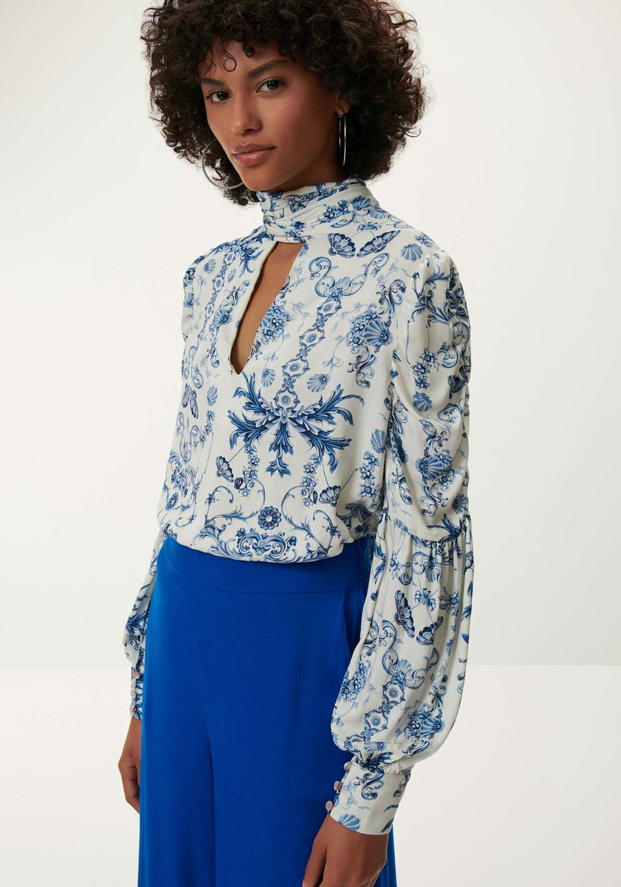 Blusa Manga Longa Estampada com Laço Gola, . Blusa Manga Longa Estampada com Laço Gola, , large.