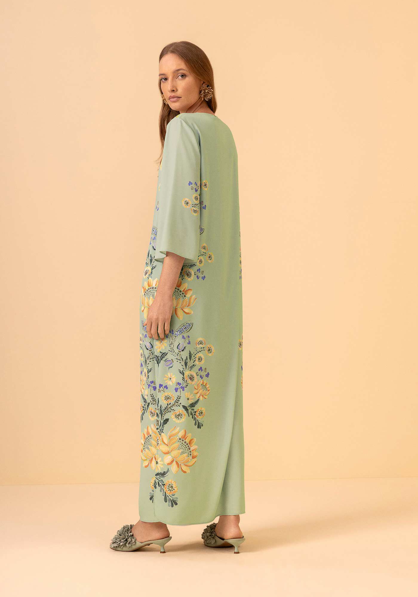 Vestido Ch&aacute; De Mangas Curtas Estampado Com Recorte No Decote, VERDE SPA, large.