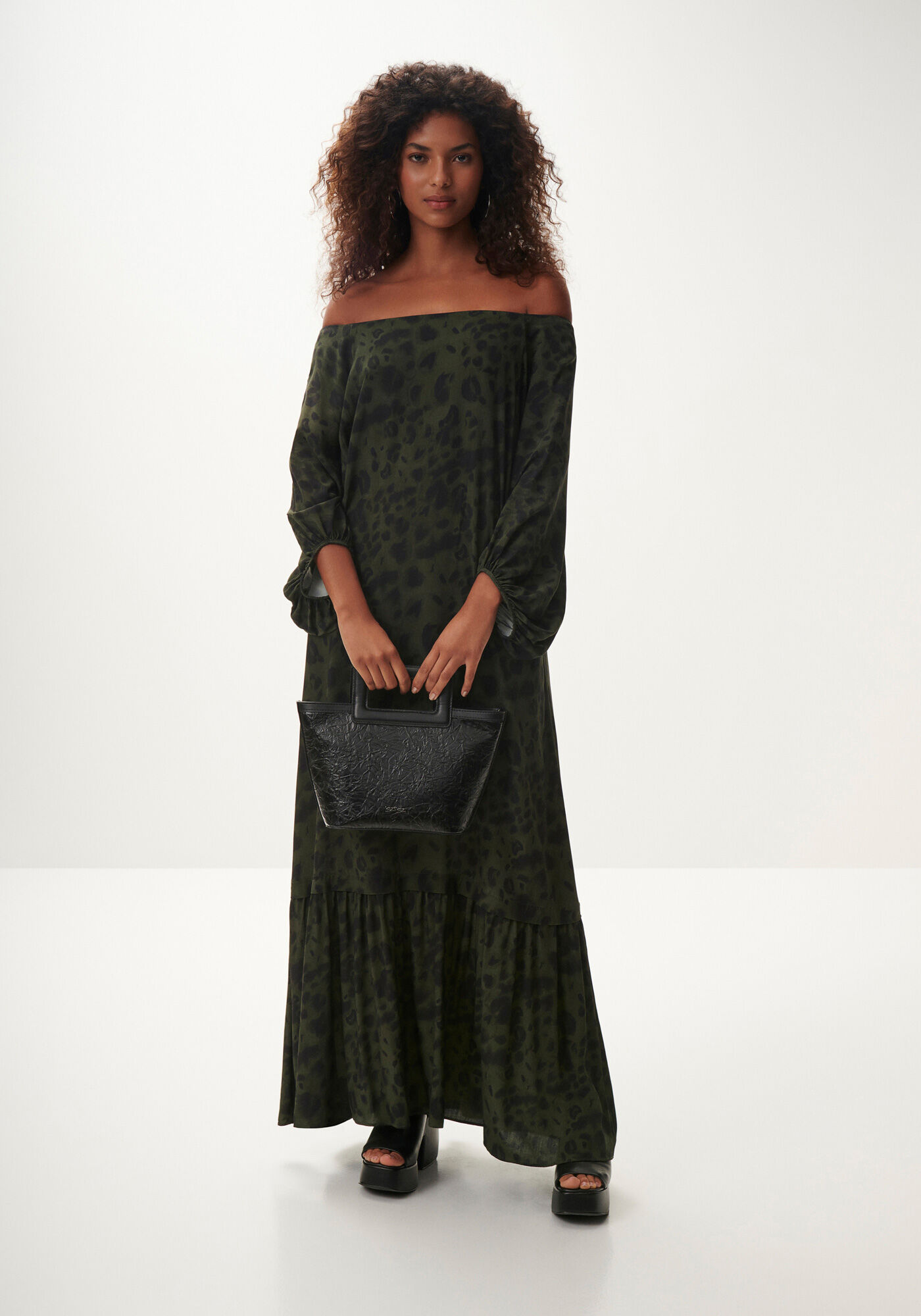 Vestido Midi Manga 3/4 Estampado com Cinto, FOREST, large.