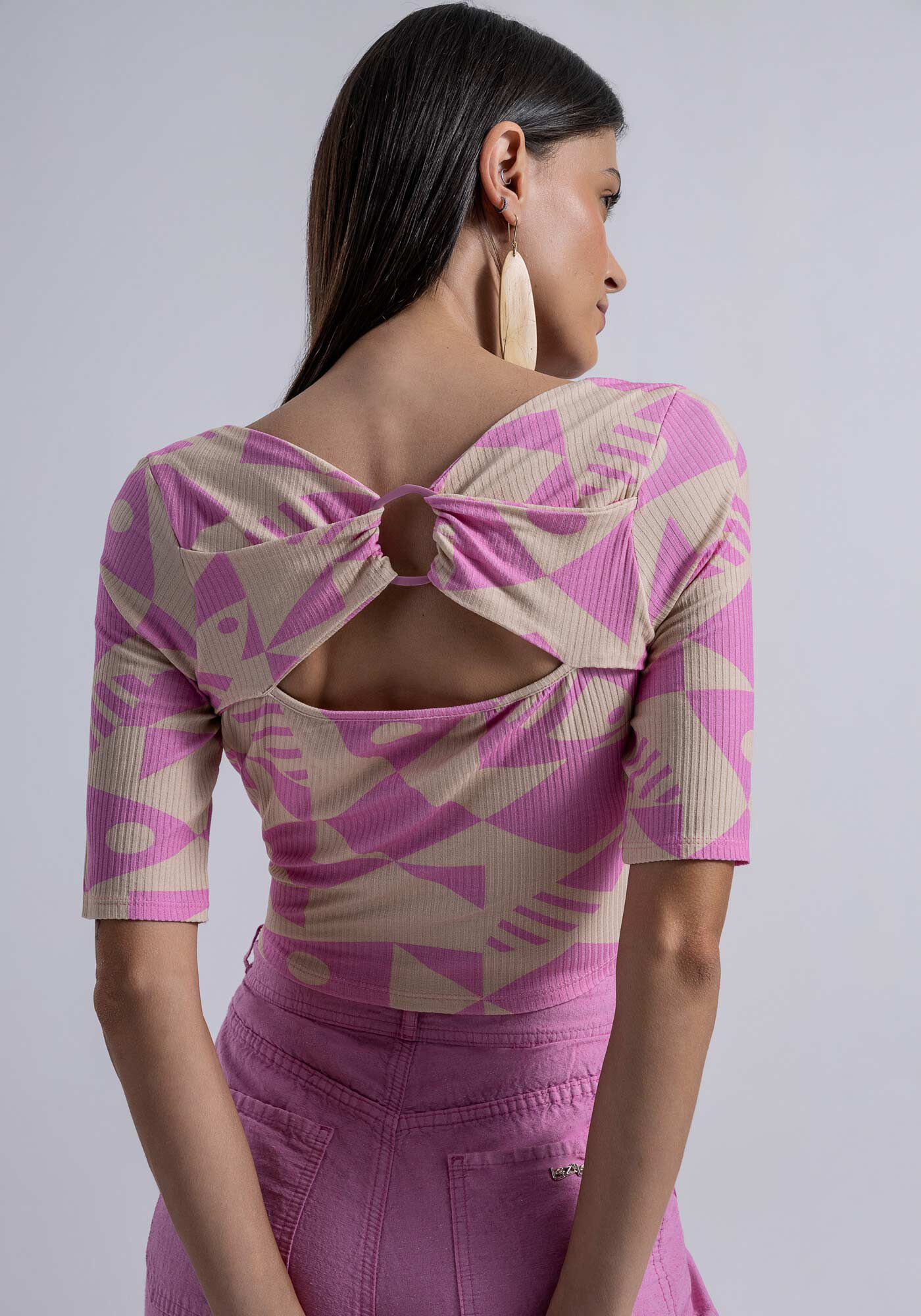 Blusa Manga 3/4 Canelada com Recorte Argola, , large.