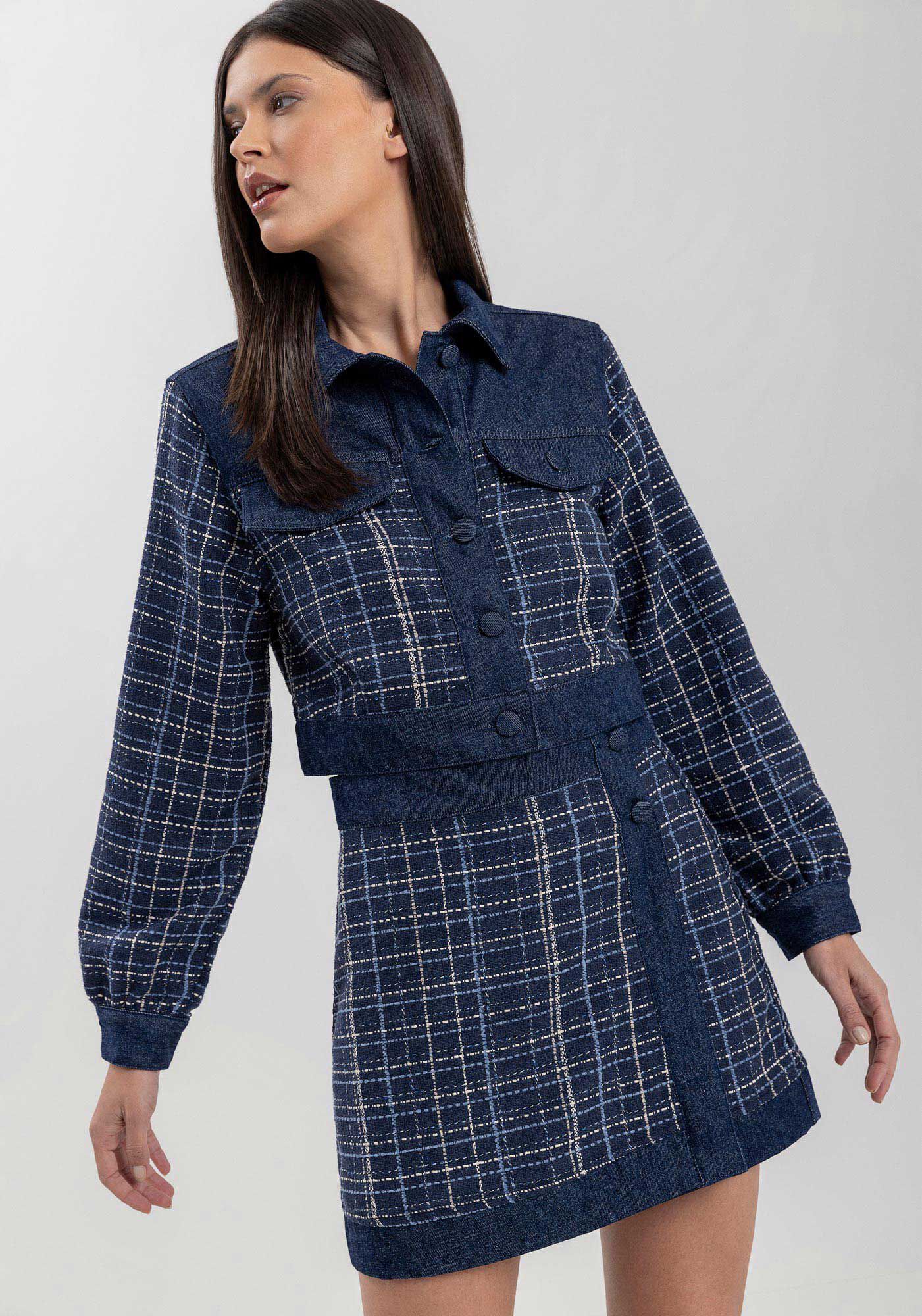 Jaqueta Jeans Cropped Com Gola E Padronagem Xadrez, JEANS, large.