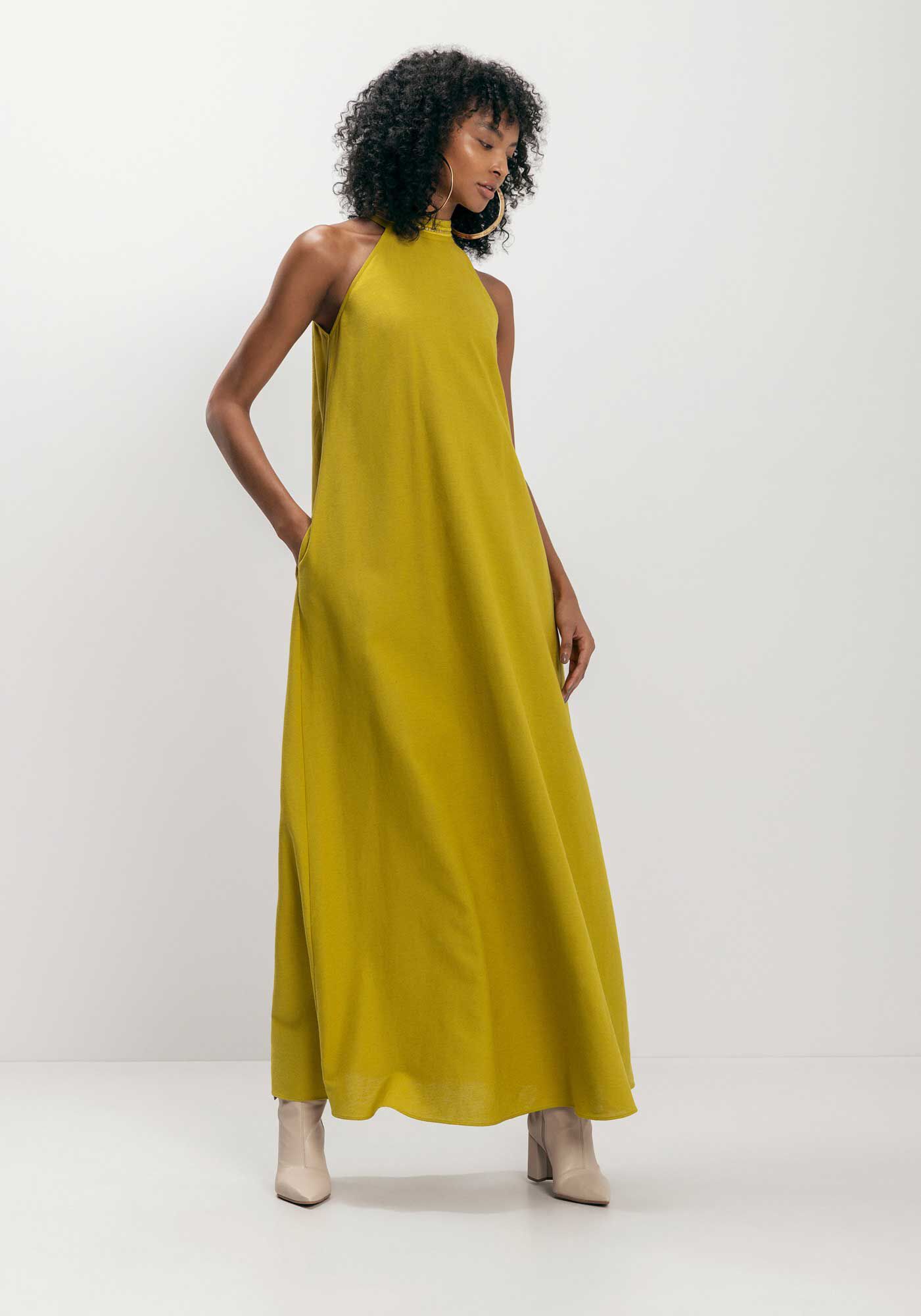 Vestido Longo Com Gola Alta Bordada E Cinto, , large.