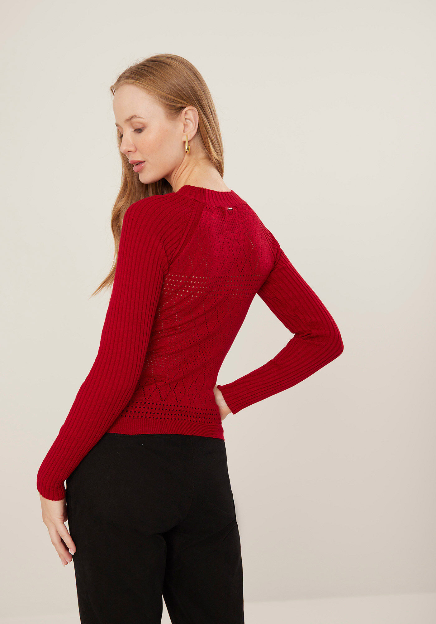 Blusa Manga Longa em Tric&ocirc; com Detalhe Trama, VERMELHO FLAMINGO, large.