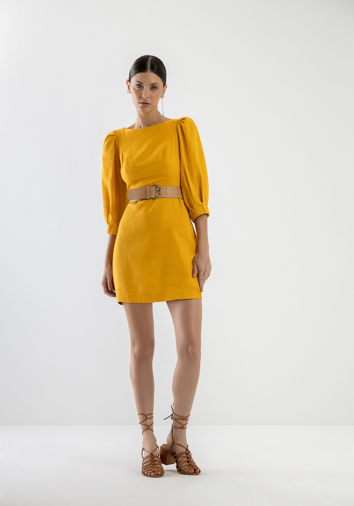 Vestido de linho curto manga longa clearance