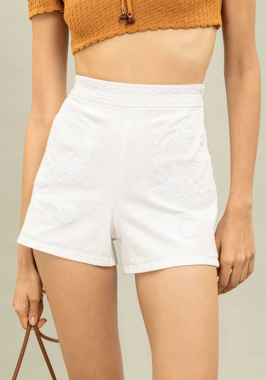 Shorts Cintura Alta Bordado, BRANCO, large.