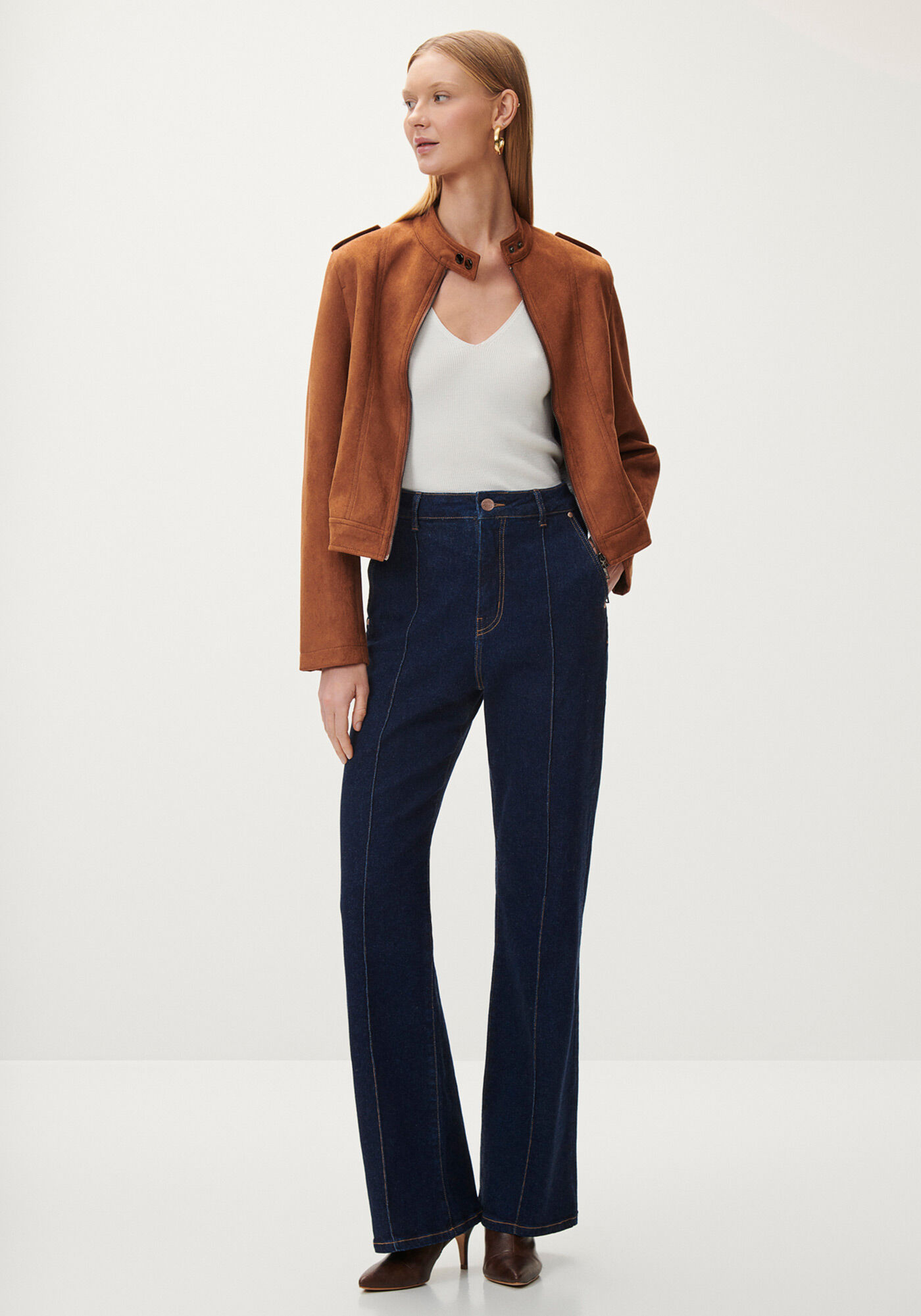 Cal&ccedil;a Jeans Wide Leg Super Alta com Nervuras, , large.