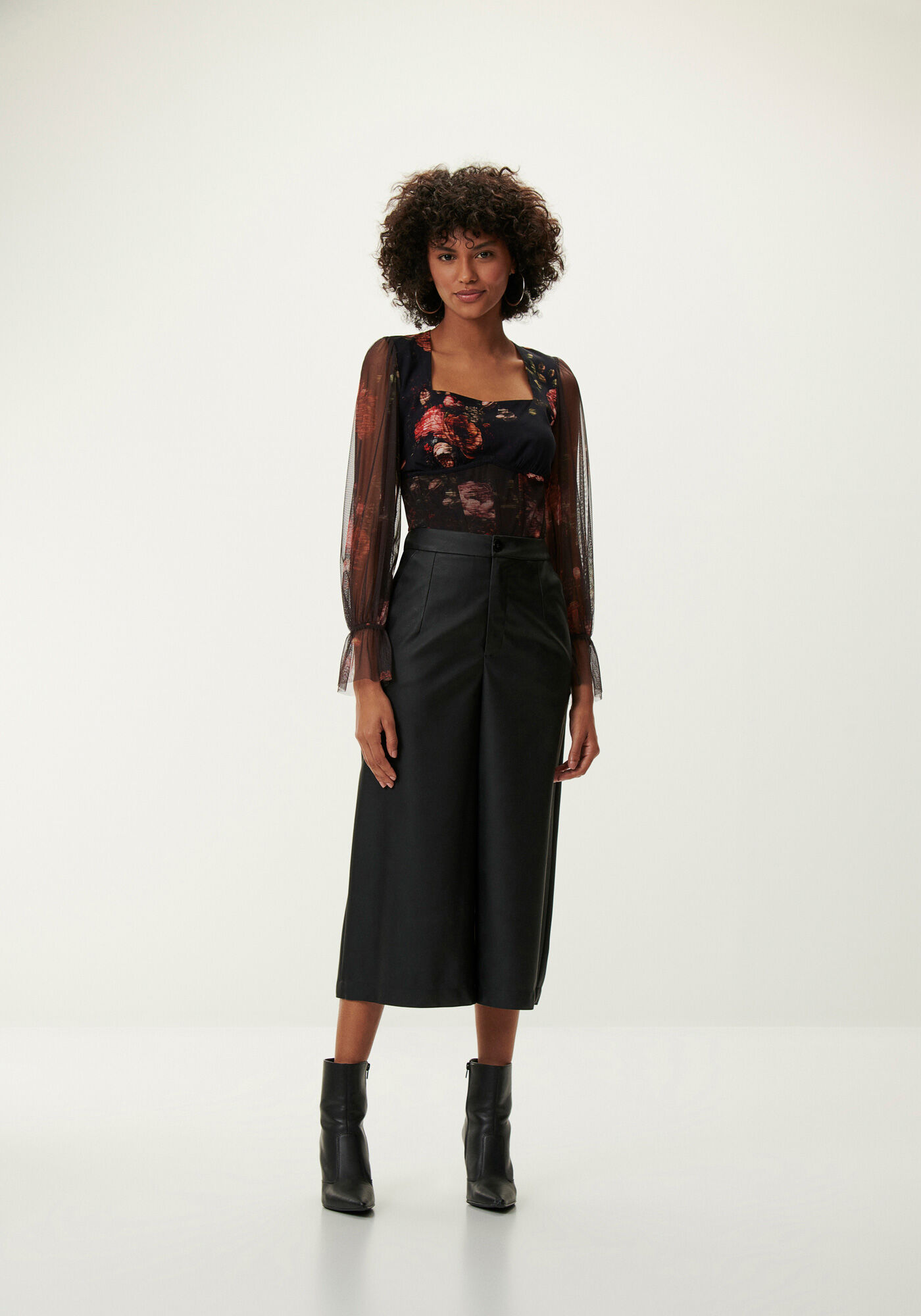 Blusa Corset Floral com Manga Bufante em Tule, , large.