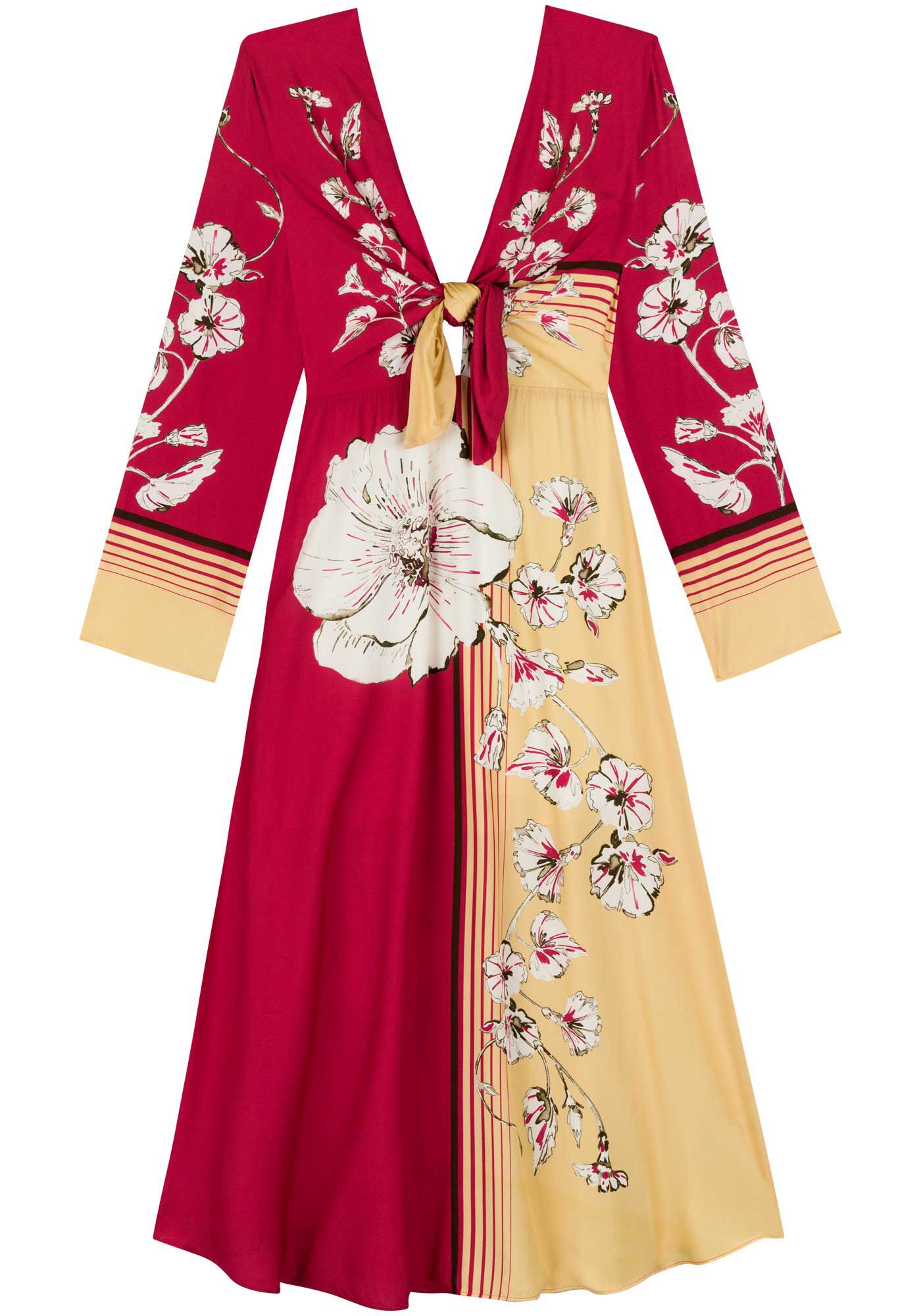 Vestido Longo Evas&ecirc; Estampado Com Manga Longa E N&oacute;, LILY VERMELHO, large.