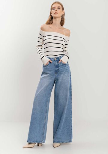 Calça Jeans Super Wide Leg Com Cintura Alta E Bolsos, JEANS. Calça Jeans Super Wide Leg Com Cintura Alta E Bolsos, JEANS, large.