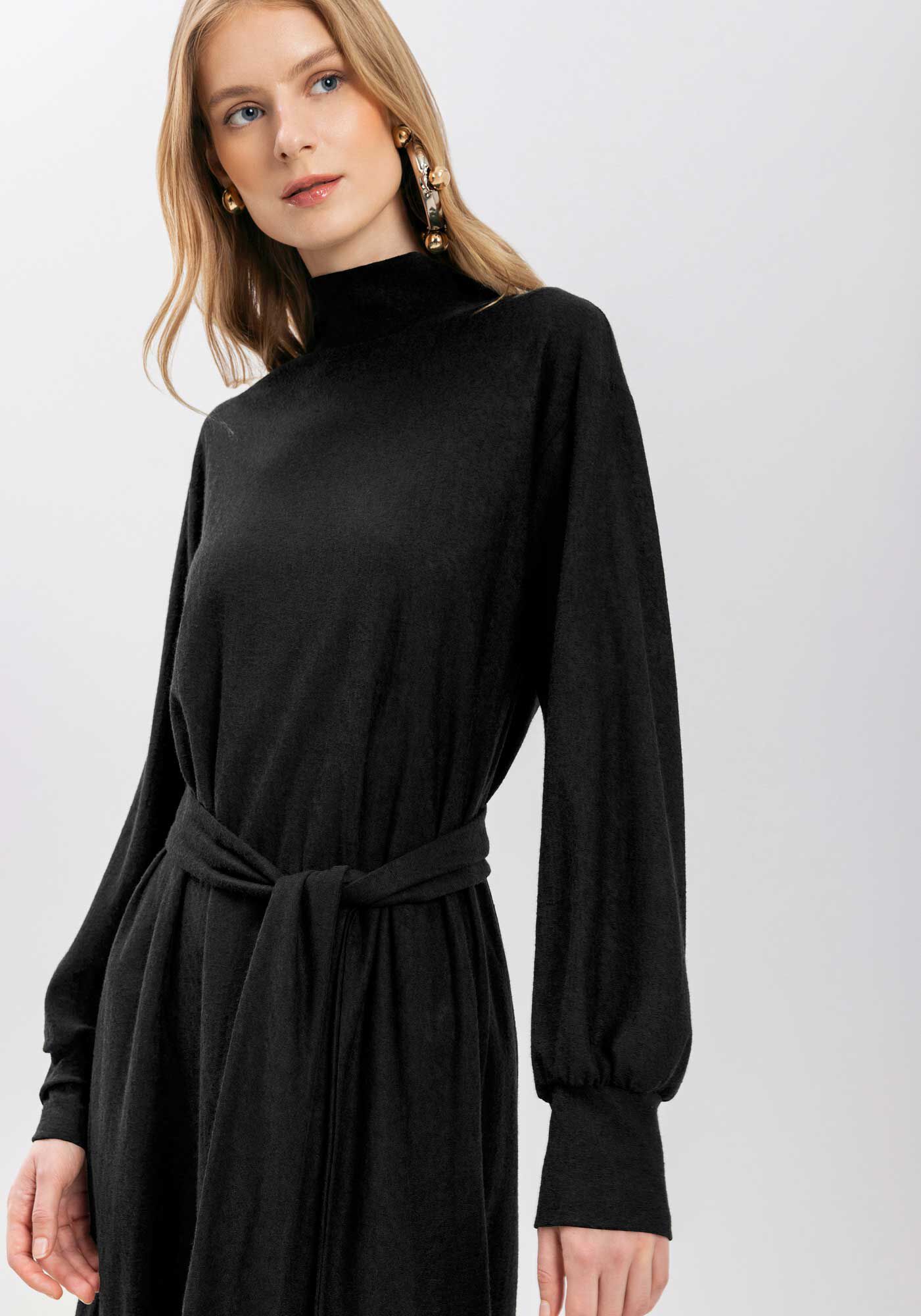 Vestido Midi De Mangas Longas Com Faixa Em Malha R&uacute;stica, PRETO, large.