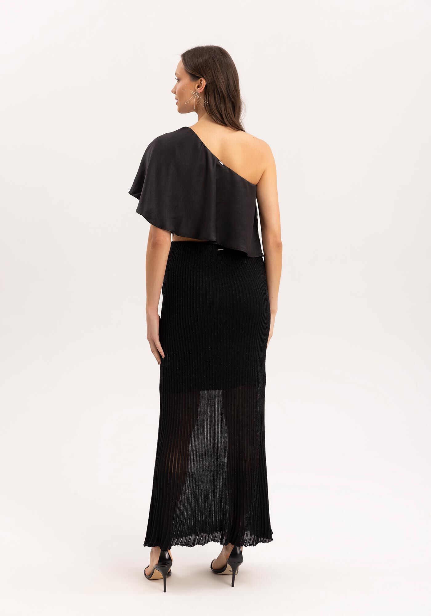 Saia Longa em Tric&ocirc; Lurex com Cintura Alta, PRETO REATIVO, large.