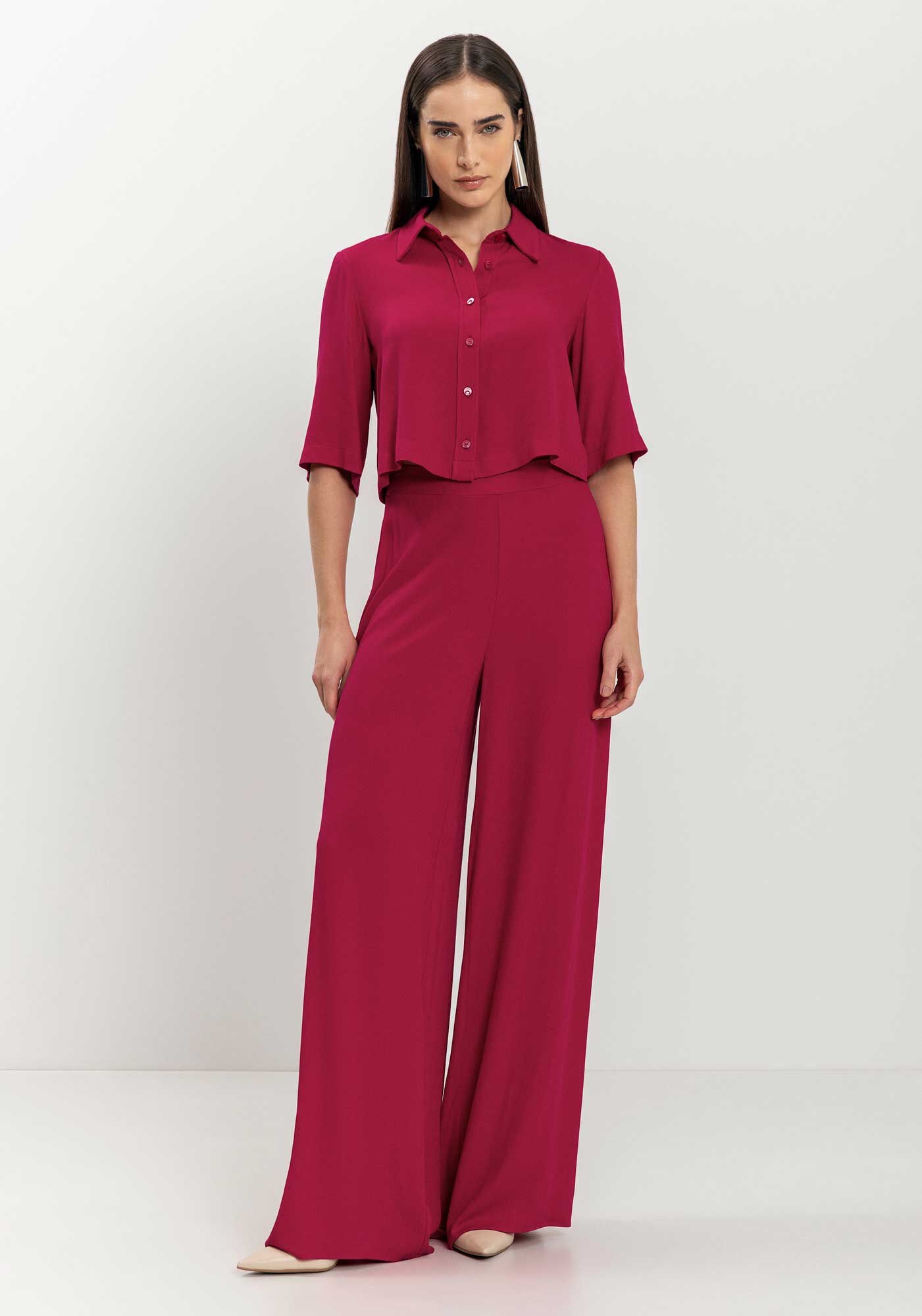 Cal&ccedil;a Pantalona Com Cintura Alta Em Crepe De Viscose, , large.