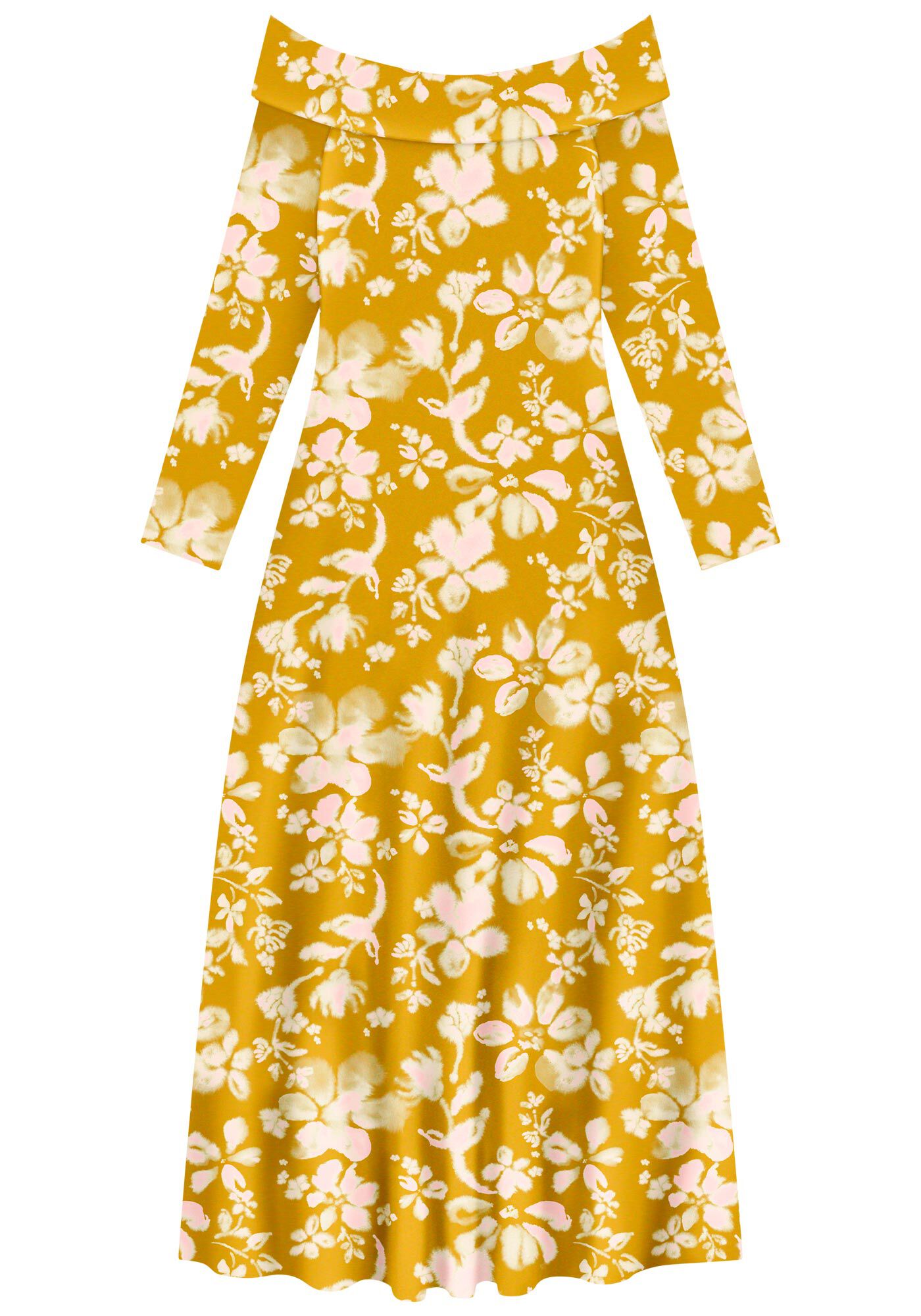 Vestido Longo Ombro A Ombro Estampado Em Malha Canelada, , large.