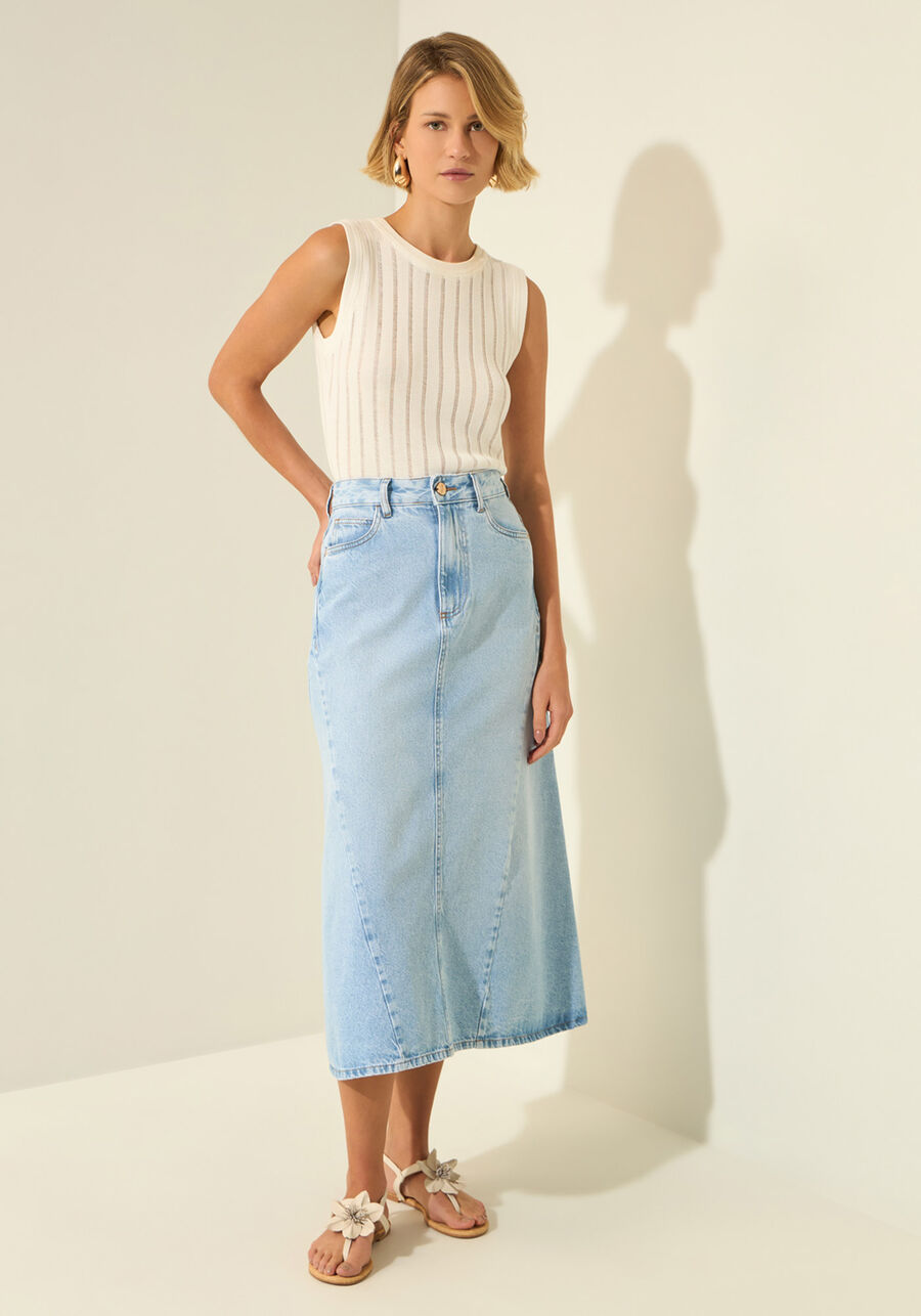 Saia Jeans Midi Com Cintura Média E Fenda, JEANS. Saia Jeans Midi Com Cintura Média E Fenda, JEANS, large.